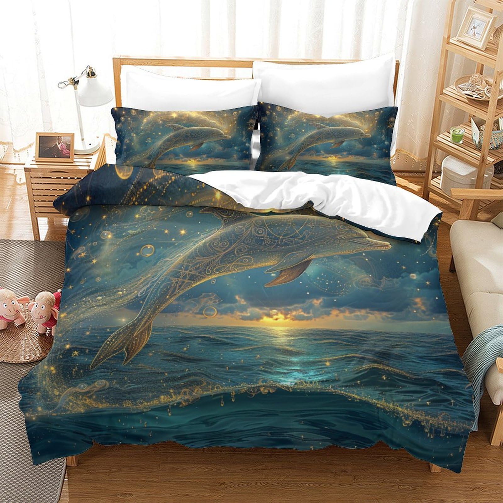 Housse de couette dauphin 3 pièces lit Super King anti-glissement 260x220