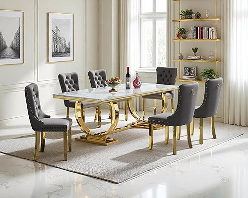 Miniatura 21 de Juego de mesa de comedor de 7 piezas, color blanco y plateado, mesa de cocina moderna de mármol sintético de 68 pulgadas con 6 sillas tapizadas Mesa