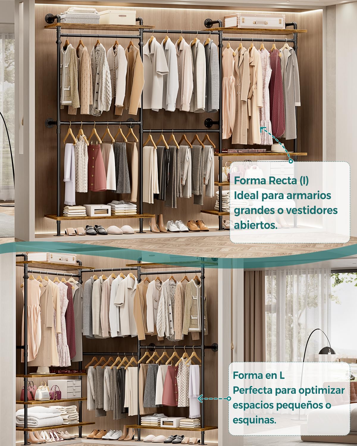 iSunirm Sistema de Armario Abierto – Barra Telescópica de Gran Capacidad, Armario de Acceso Facil, Flexible en Forma de L o Recta, Diseño de Tubo Industrial para Dormitorio y Vestidor