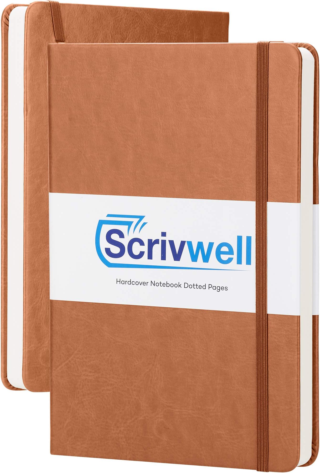 Scrivwell Dotted A5 Hardcover Notebook - 208 Dotted Pages with Elastic Band, Two Ribbon Page Markers, 120 GSM Paper, Pocket Folder - Great for Bullet journaling - Brown