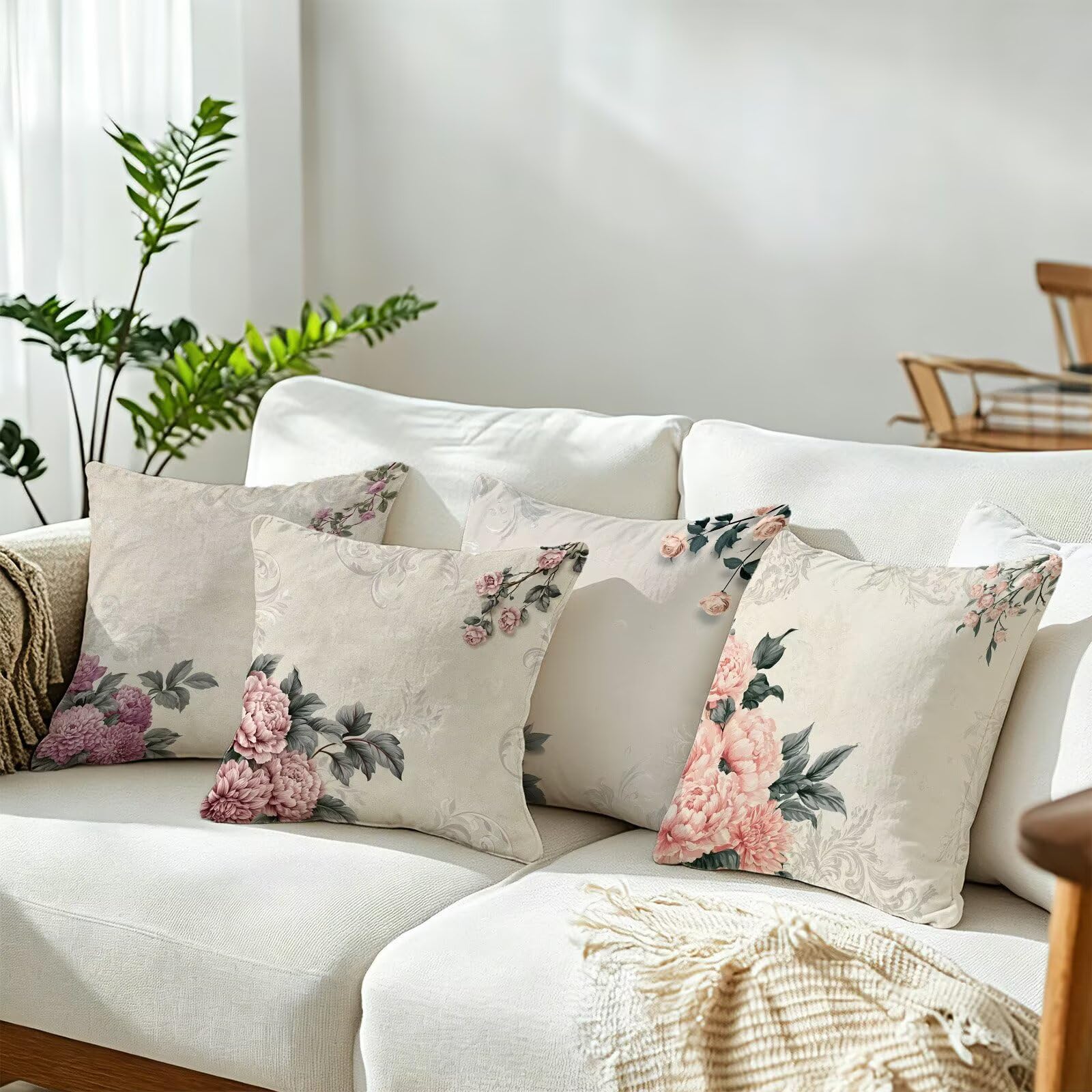 Coussin Exterieur Impermeable Rose, Taie Oreiller 60x60 Set de 4, Cod-3739