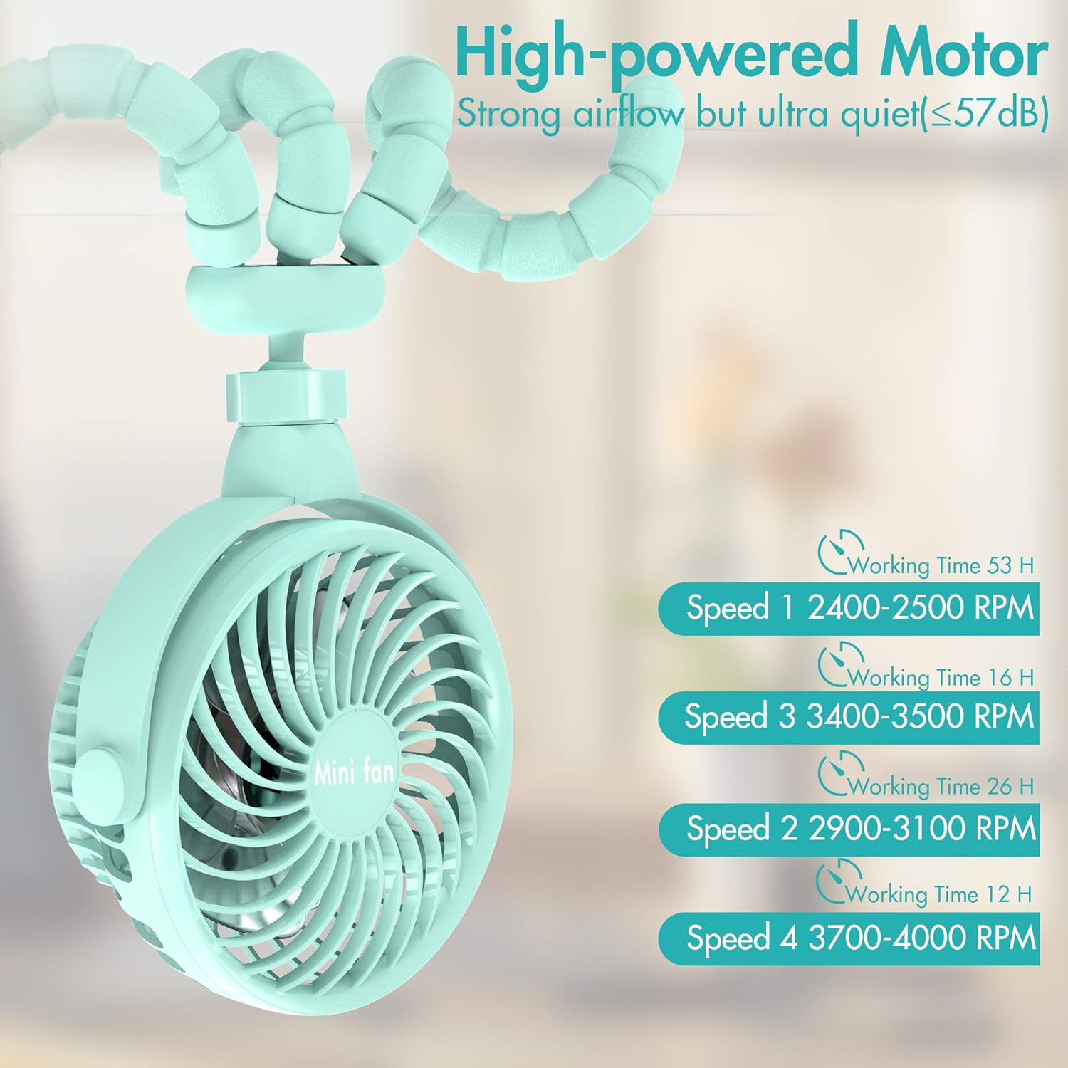 New Deal Stroller Fan, 2600mAh Battery Powered Personal Desk Air Circulator Fan with Flexible Tripod, Ultra Quiet 4 Speed 360° Rotatable USB Fan for Stroller Office Camping Hurricane Outage, Blue Best Quality 🔥 Stroller Fan, 2600mAh Battery Powered Personal Desk Air Circulator Fan with Flexible Tripod, Ultra Quiet 4 Speed 360° Rotatable USB Fan for Stroller Office Camping Hurricane Outage, Blue