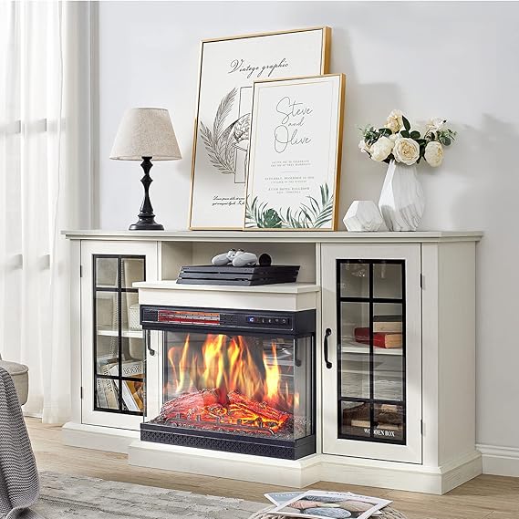 AMERLIFE 3-Sided Glass Fireplace TV Stand for TVs up to 65'' with 12 Color, Media Entertainment Center Console Table with Doors Closed Storage, Distressed White