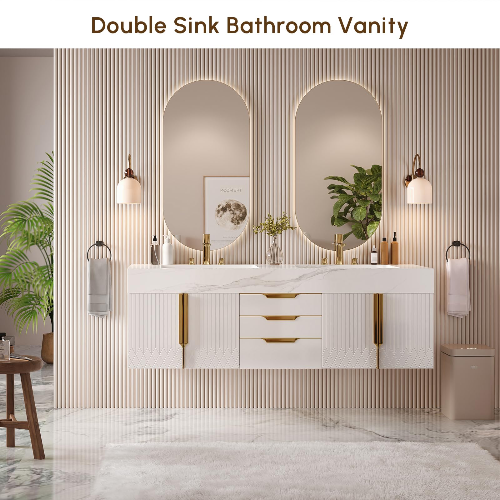 Homary Mueble de baño Flotante 59" con Lavabo, Mueble de baño con Lavabo Doble montado en la Pared con encimera de Piedra sinterizada y Amplio Espacio de Almacenamiento, Blanco.