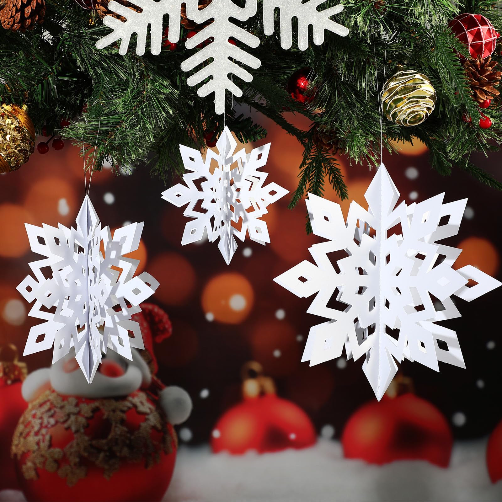 Hungdao Lot de 12 grandes décorations de Noël à suspendre en forme de flocon de neige 3D pailleté pour sapin de Noël, anniversaire, Nouvel An, 40,6 cm/30,5 cm/25,4 cm/17,8 cm/15,2 cm/15,2 cm (blanc)