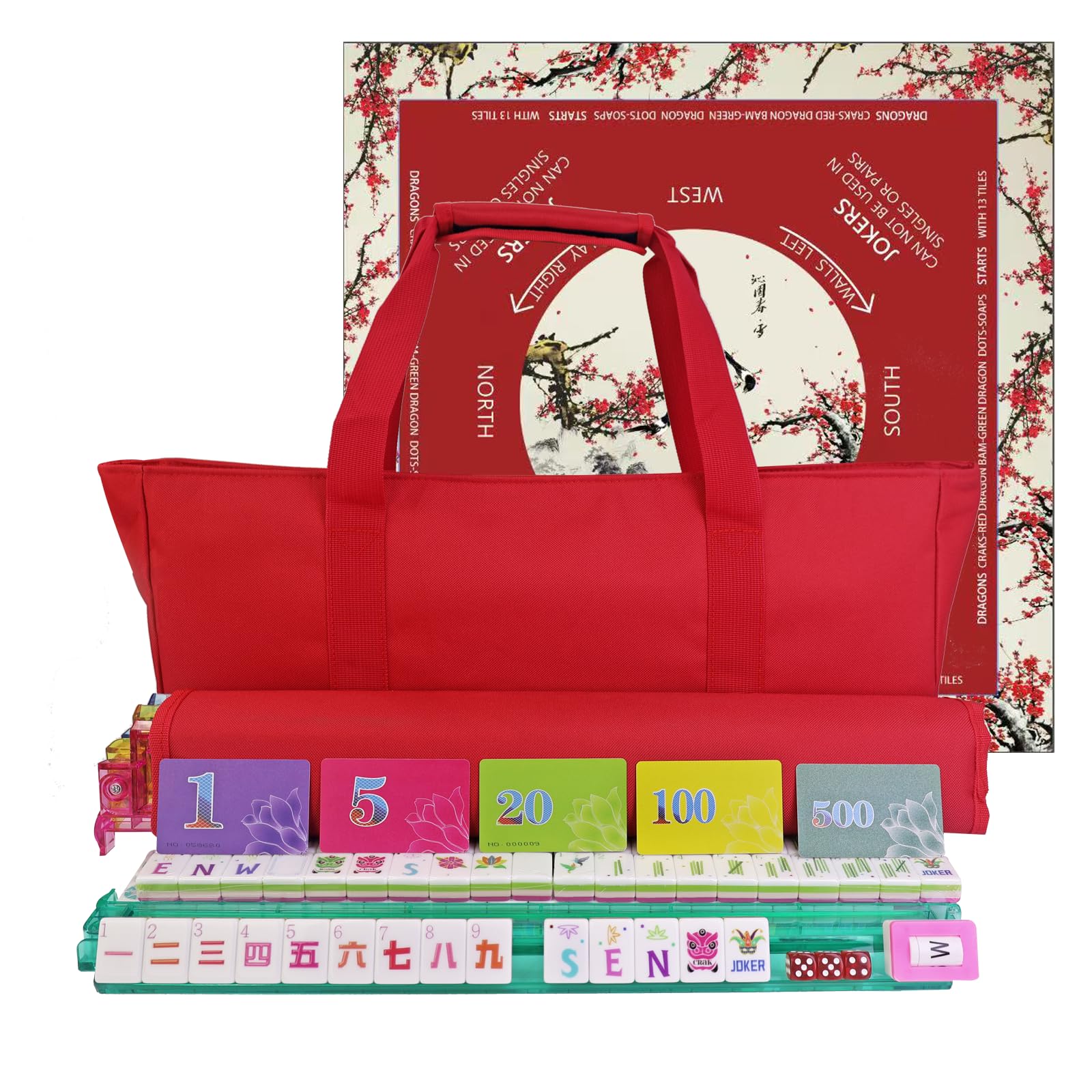 American Mahjong Game Set, Portable Carrying Bag,Acrylic 160 Tiles,Western Mahjong Tiles Set,Complete Ma Jong Set (Red)