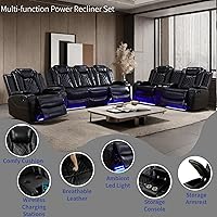 AYCP Power Recliner Set: Black Air Leather Sofa, Loveseat & Chair w/ USB, Wireless Charger, LED Lights, Storage - Home Theater Furniture