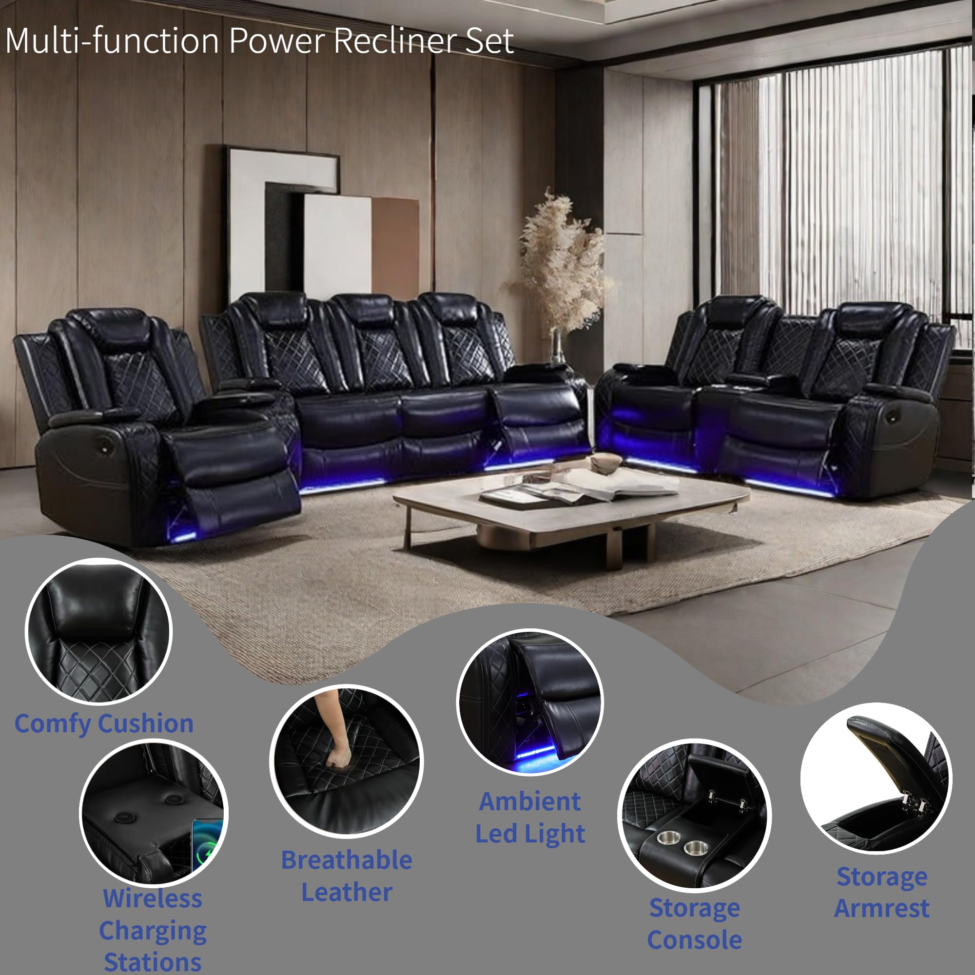 View 1 of ***STOCK PHOTO FOR REFERENCE ONLY***
***TRUCK/TRAILER PICKUP ONLY***
AYCP Furniture Power Recliner Set with LED Lights, Air Leather Reclining Set with USB Port/Wireless Charger/Storage Console/Cup Holder for House/HomeTheater/Apt (Black, Sofa Loveseat Ch