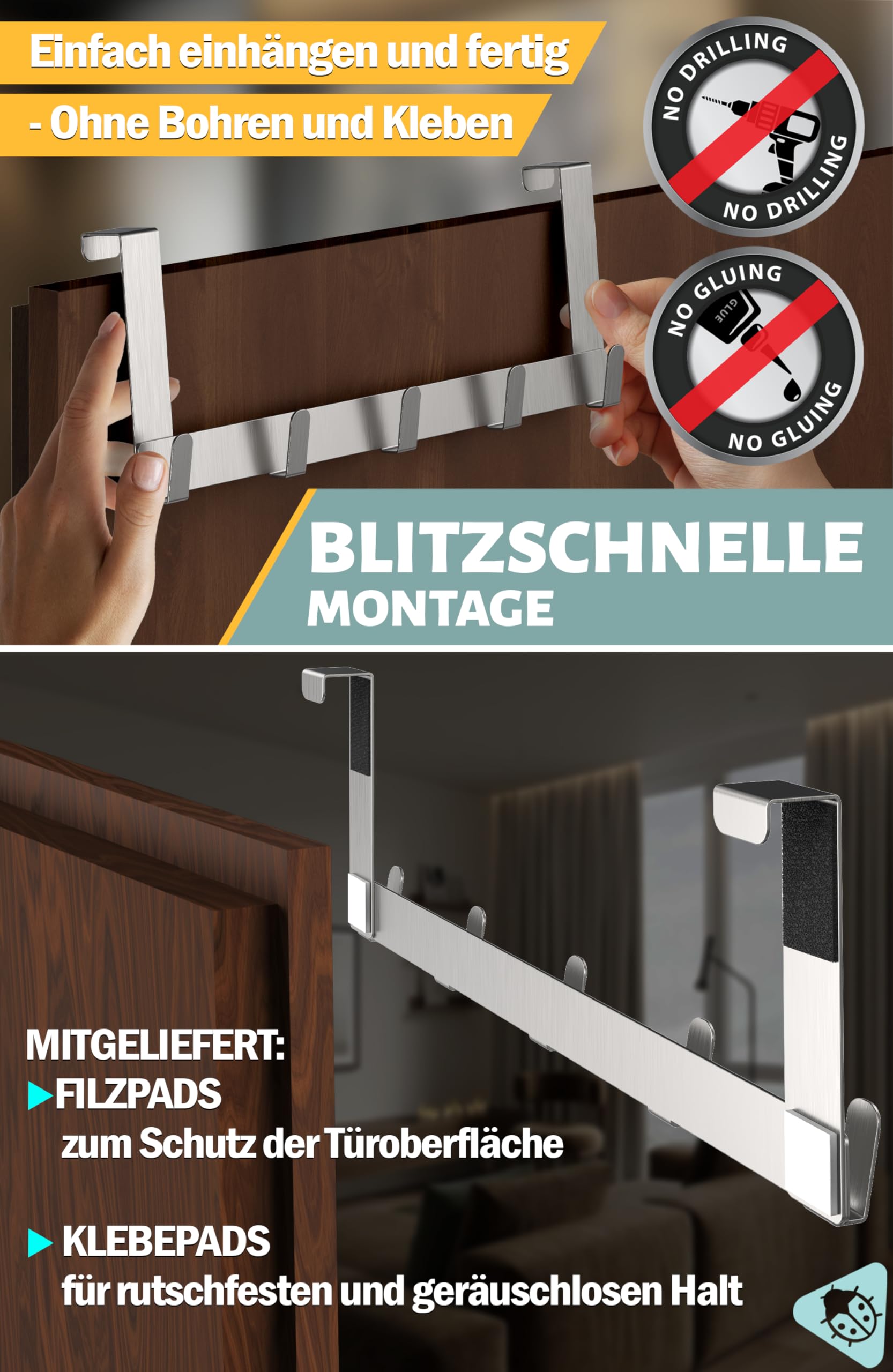 Menz Appendiabiti da Porta Argento - Attaccapanni Acciaio Inox Ganci per Camera Letto Cucina Bagno