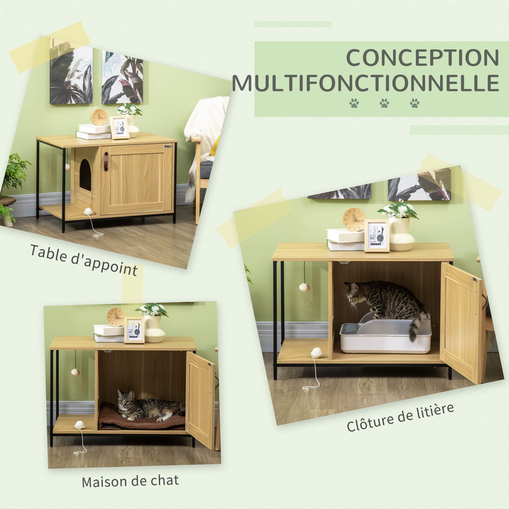PawHut Maison de Toilette pour Chat Meuble Cache litière pour Chat Style Industriel Porte entrée latérale Boule Suspendue châssis Acier Aspect Bois Clair | Cache Litière, Porte Entrée Latérale, Boule Suspendue, Châssis Acier