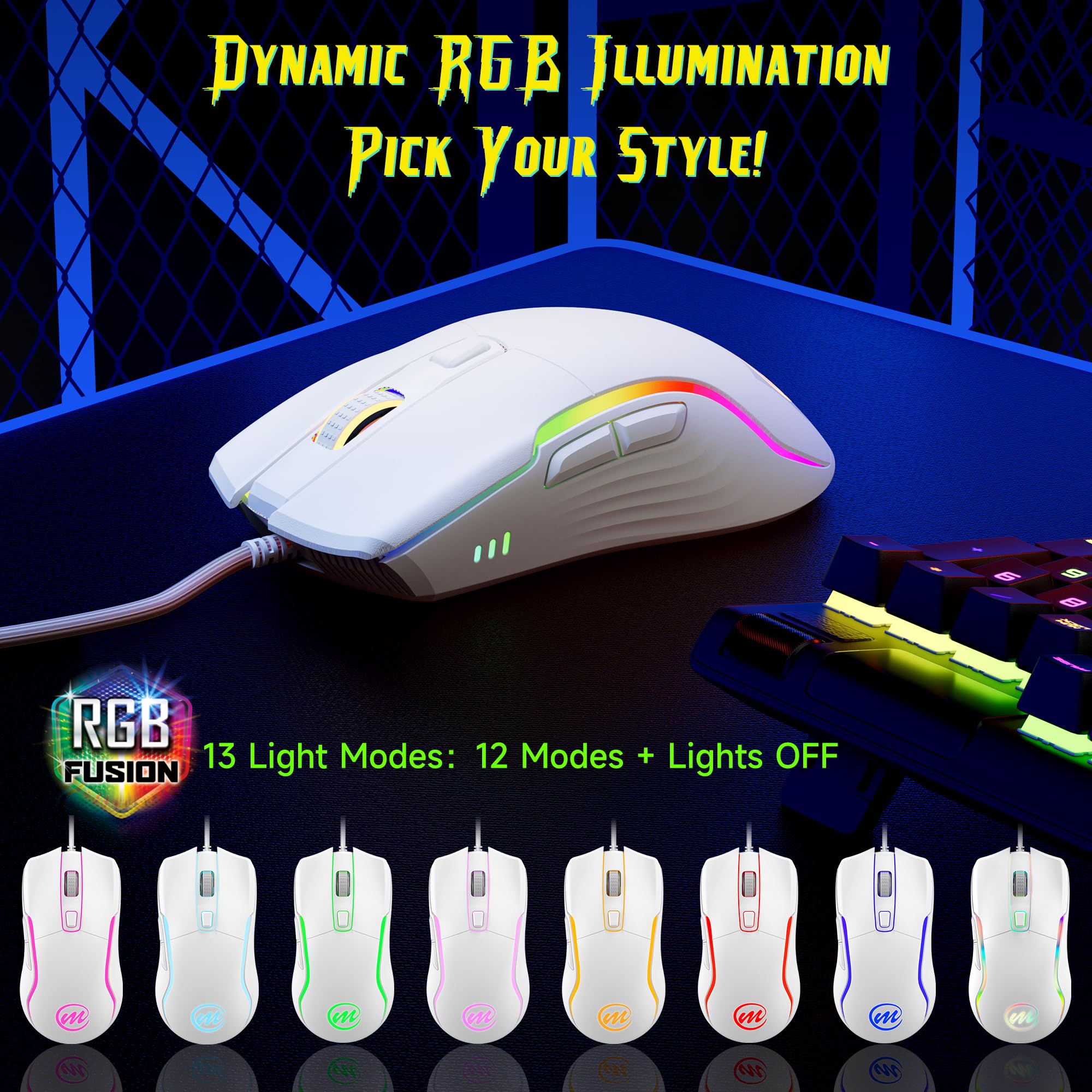 memzuoix Mouse Gaming con Cavo e Luci LED – 12.800 DPI Regolabili, 6 Pulsanti, 12 Modalità RGB, Rotella Ergonomica Antiscivolo – Compatibile con Windows/Mac