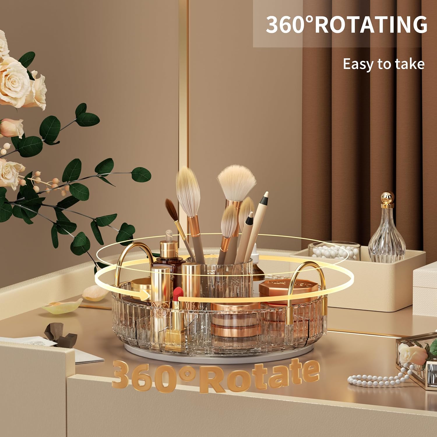 YCIA&DONE Rotating Makeup Organizer for Vanity, Large Capacity Make Up Storage Skin care Shelf Perfume Holders Cosmetic Dresser Organizer Countertop Spinning 360 (White Clear, 1Tier) image 2