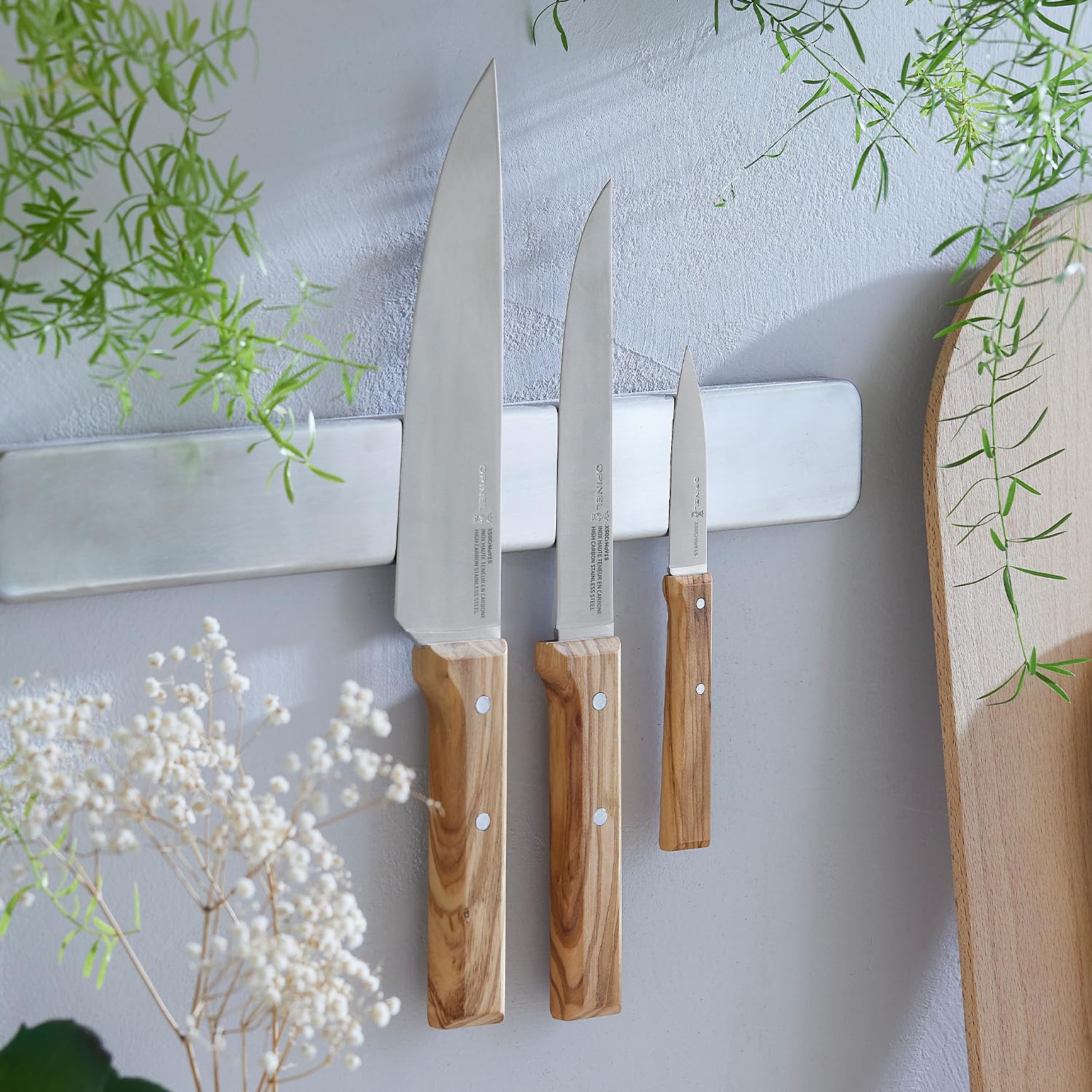 Opinel Parallel Trio Olivier /2 Kochmesser Set aus 3 Chefmessern mit Edelstahlklinge und Buchenholzgriffen
