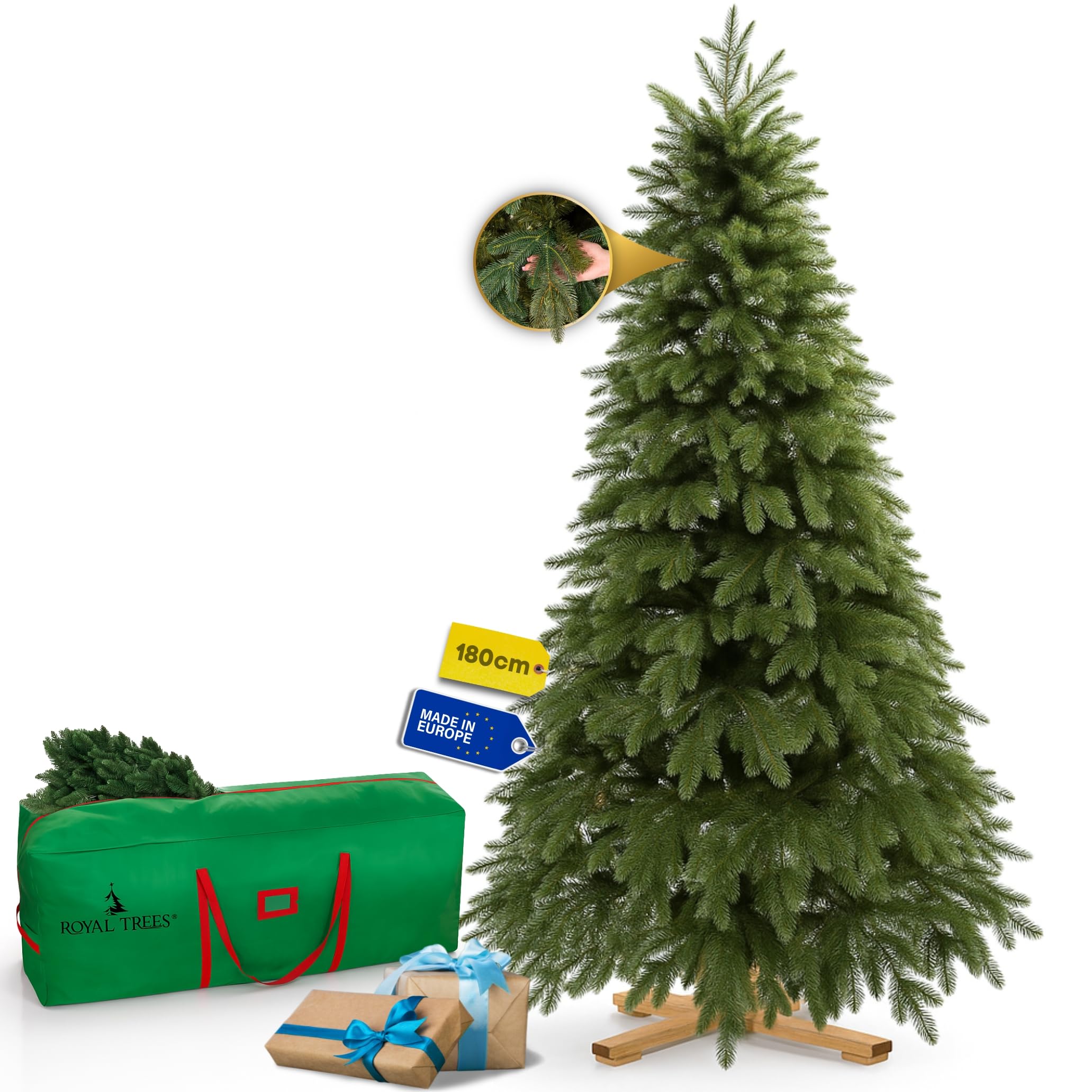 Árbol de Navidad artificial 180 cm, pino escandinavo artificial denso con 509 puntas, pino de aspecto realista, incluye soporte de madera resistente y bolsa de almacenamiento