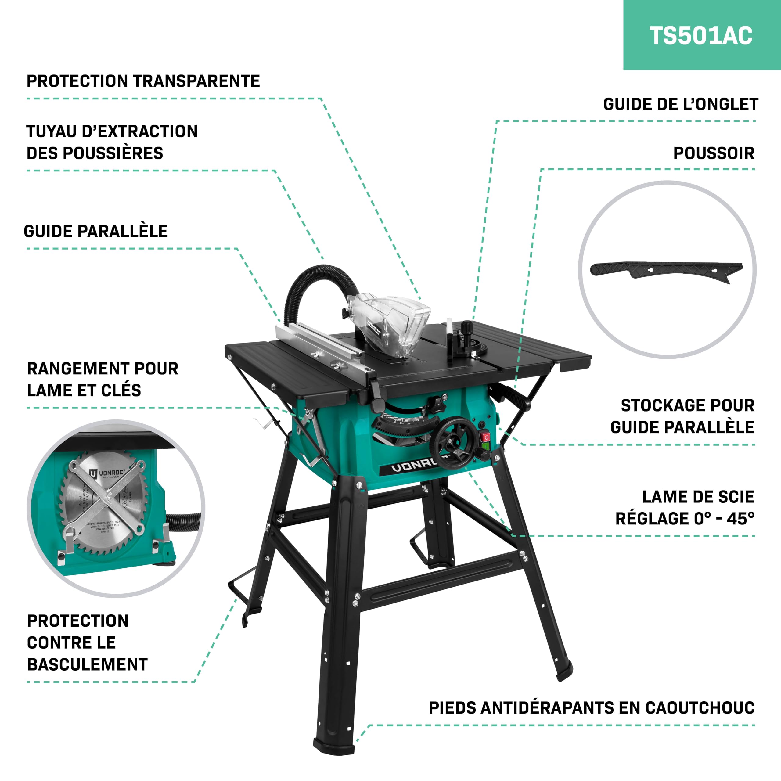 VONROC Scie sur table 1500W Lame 210 mm 40 dents universelles coupe droite inclinée bois plaque extensions guide d'onglet parallèle support inclus
