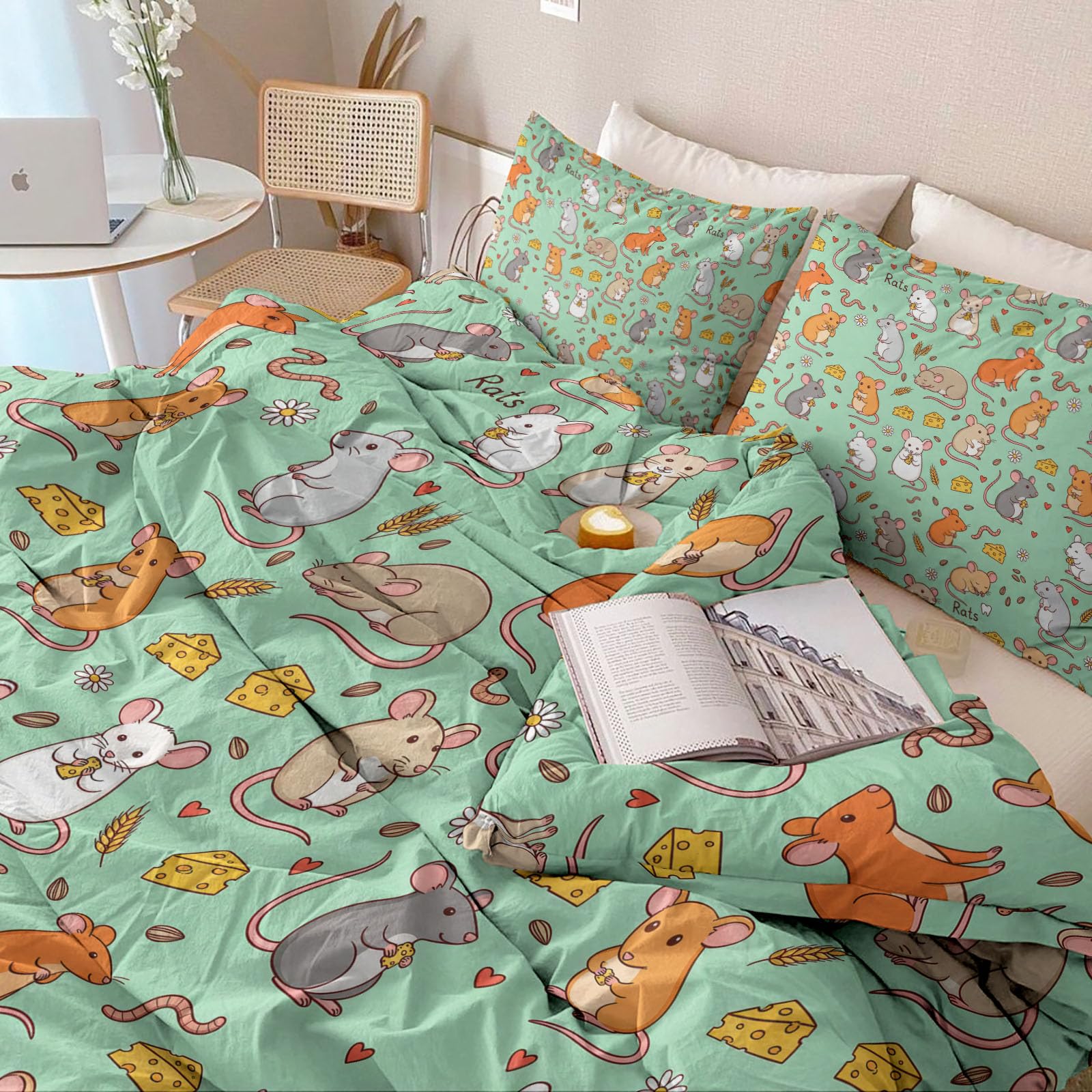 Biancheria da letto, motivo: formaggio, fiori, animali, topo, illustrazione