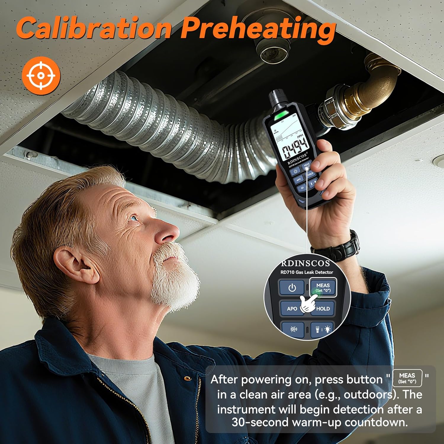 A person holding the RDINSCOS RD710 Gas Detector near a ceiling vent, with the display showing '0.00' and instructions for calibration.