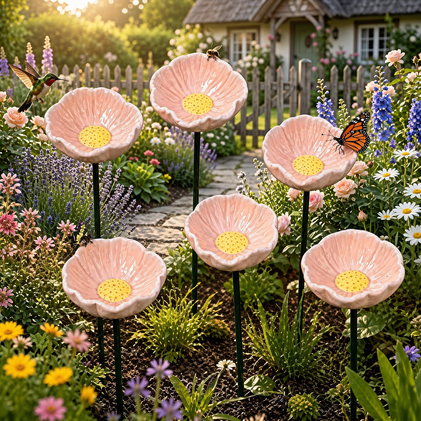 Handmade Ceramic Mini Pollinator Watering Station, Colorful Flower Bee Water Feeder & Butterfly Bird Bath, Weather-Resistant Small Outdoor Garden Stakes Yard Art Decor for Patio Lawn Balcony