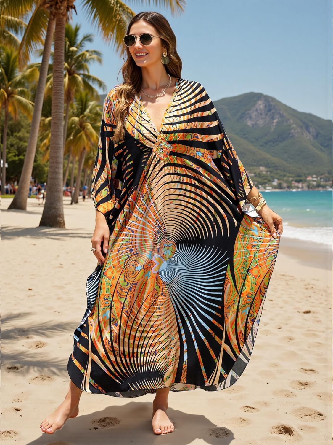Kaftan Dresses for Women Plus Size Caftan Swimsuit Cover Up, Boho Beach Dress with Batwing Sleeves - Image 3