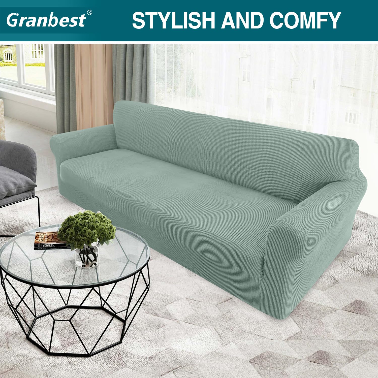 Granbest - Copridivano altamente elasticizzato, moderno, in tessuto jacquard, per soggiorno, protezione per cani e animali domestici (4 posti, verde avocado)