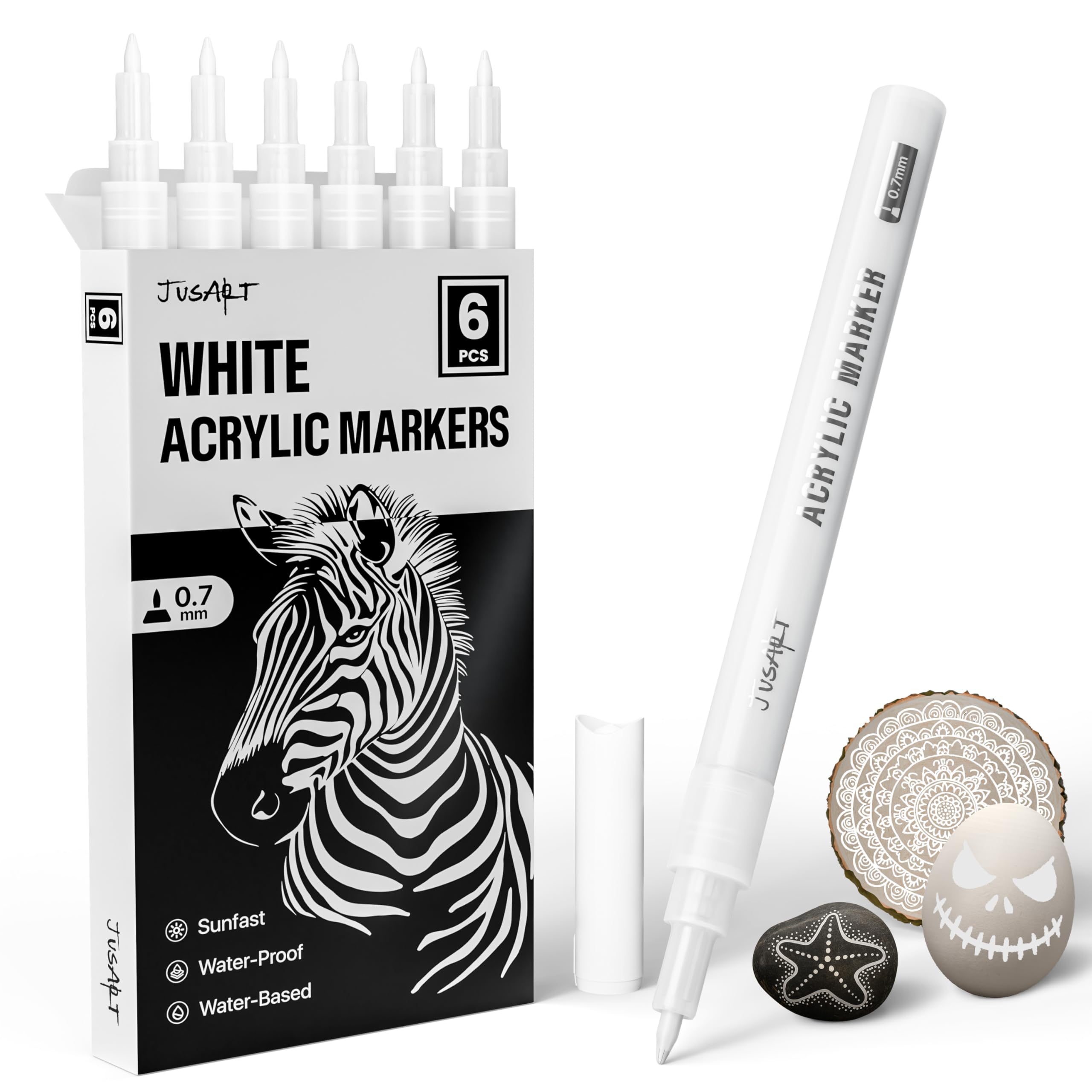 JusArt 6 Pack White Acrylic Markers, 0.7mm Fine Point Acrylic Paint Pens for Rock Painting, Art Projects, Ceramic, Glass, Wood, Metal, Fabric, DIY, Ideal White Permanent Marker for Art Supplies