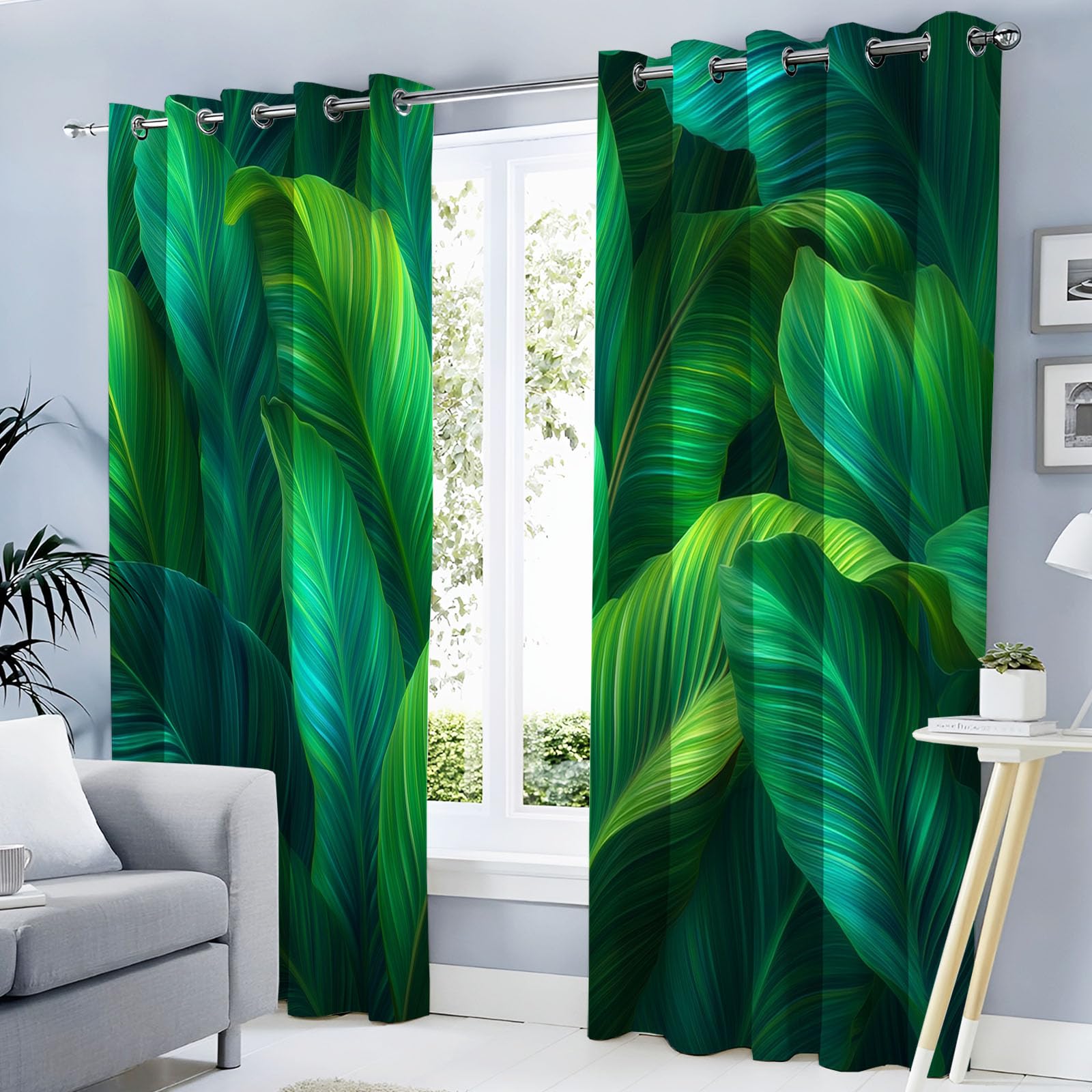 Rideau Occultant Grande Feuille De Bananier Vert, Motif Surréalisme, Rideau Thermique Isolant à Oeillets, Rideaux Fenetre Imprimé pour Salon Chambre Décoration, Lot de 2, 140L X 175H cm