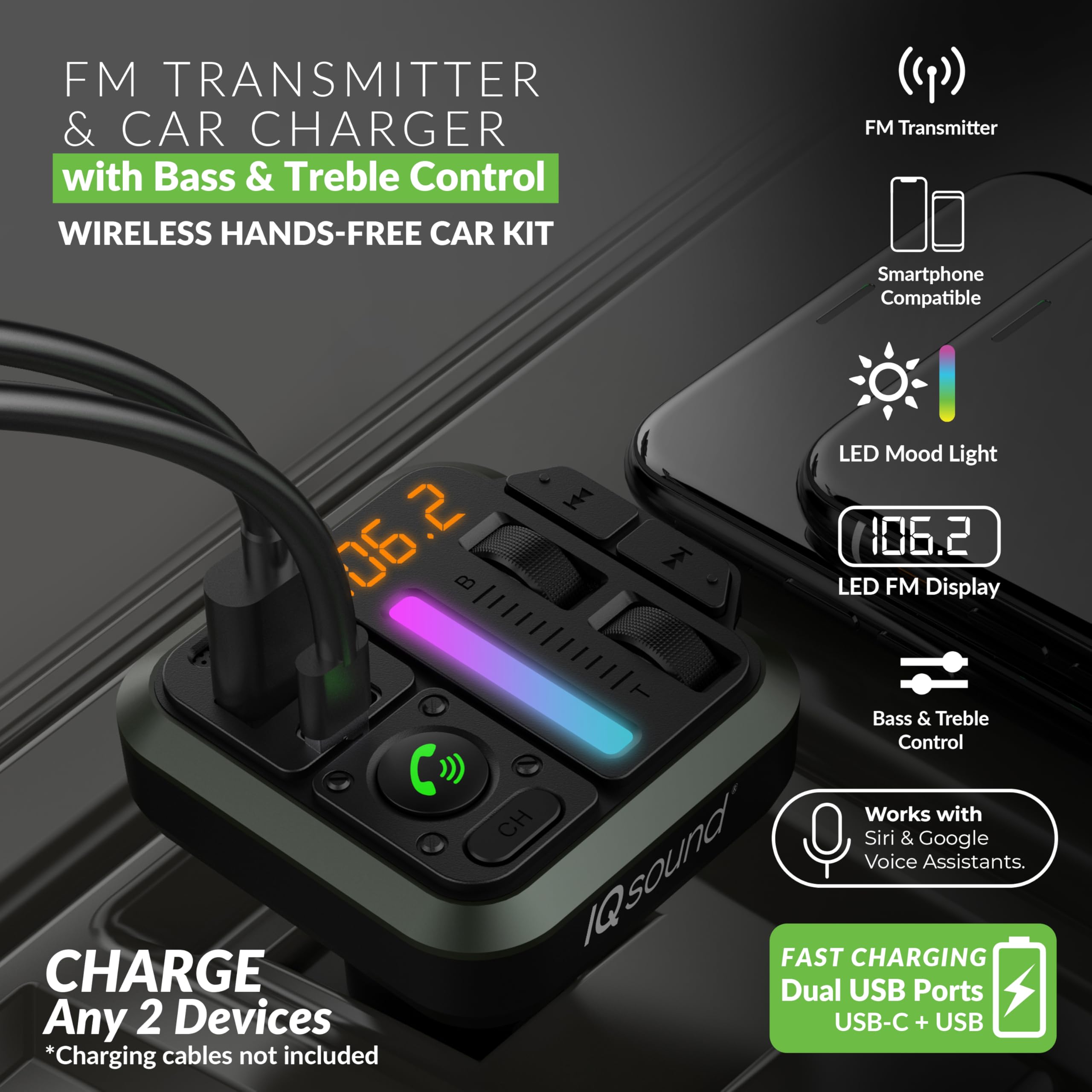 IQ Sound IQ-311BT 2-in-1 FM Bluetooth Transmitter & Car Charger with Bass & Treble Control, Wirelessly Stream Calls & Music, Hands-Free Mode, LED Display, Fast-Charging, Siri/Google Voice