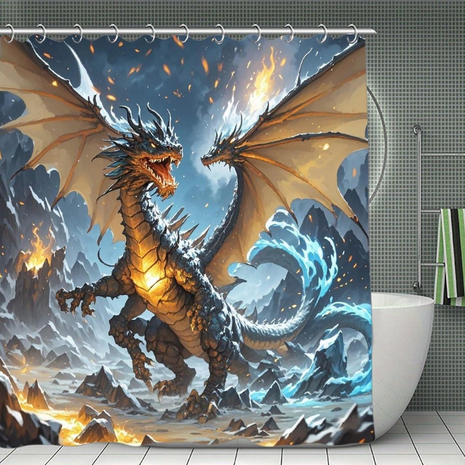 FekiLoot Fire and Ice Dragons Shower Curtain Minimalist Thick Bathroom Curtain Washable Modern Bathroom Shower Curtain Heavy Duty Waterproof Cloth Bath Curtain with Hooks 70.8"x70.8"