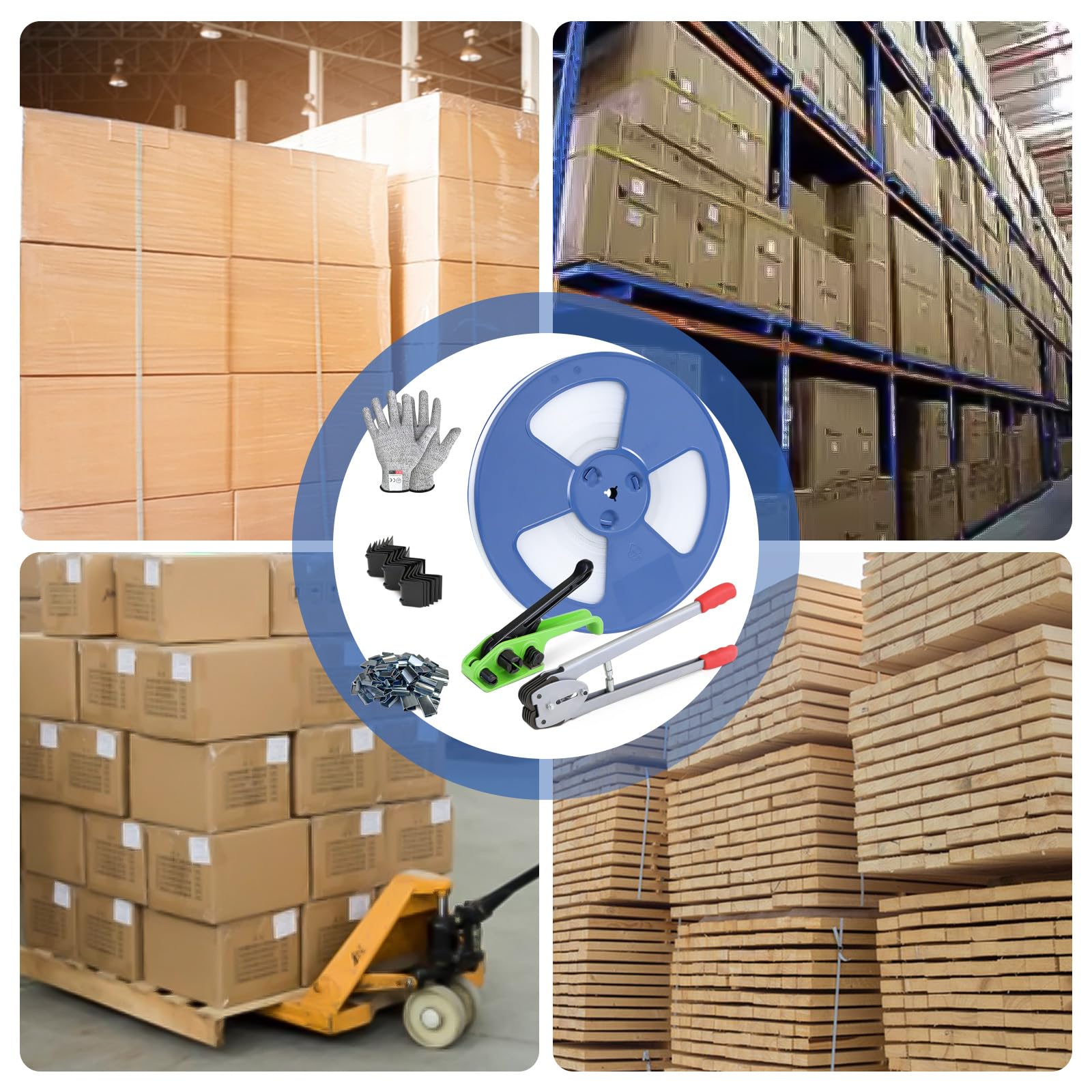Gurtbandverpackungsset mit 12mm x 100m Polypropylen (PP)-Band, 100 Metallverschlüssen, 20 Kunststoffkantenprotektoren, Spanngerät, Verschließgerät und Handschuh