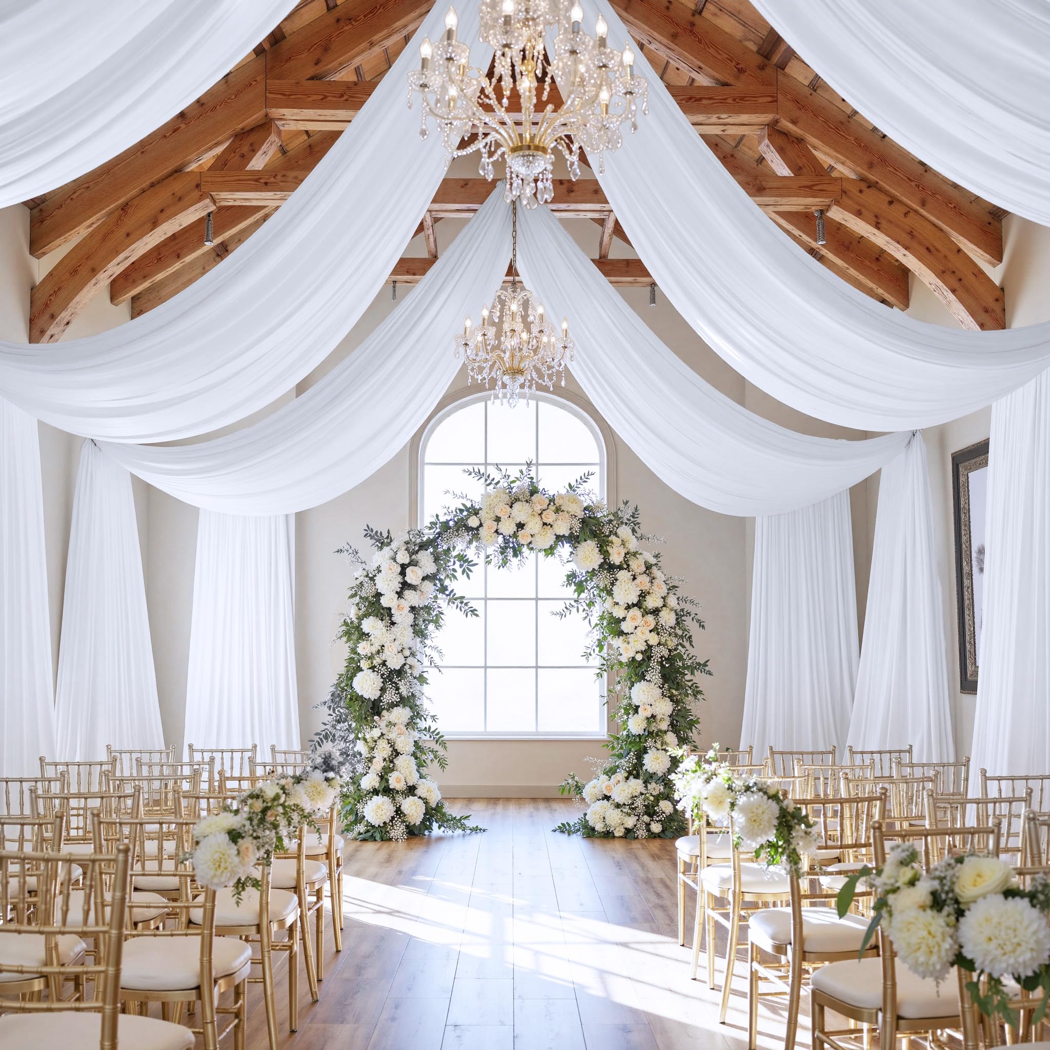 Photo 1 of 10ft×20ft White Ceiling Curtain Drapes for Weddings Parties, Wrinkle Free Polyester Draping Fabric White Drapery for Party Tent Canopy Hotel Banquet Hall Ceiling Decor-2 Panels 5×20ft