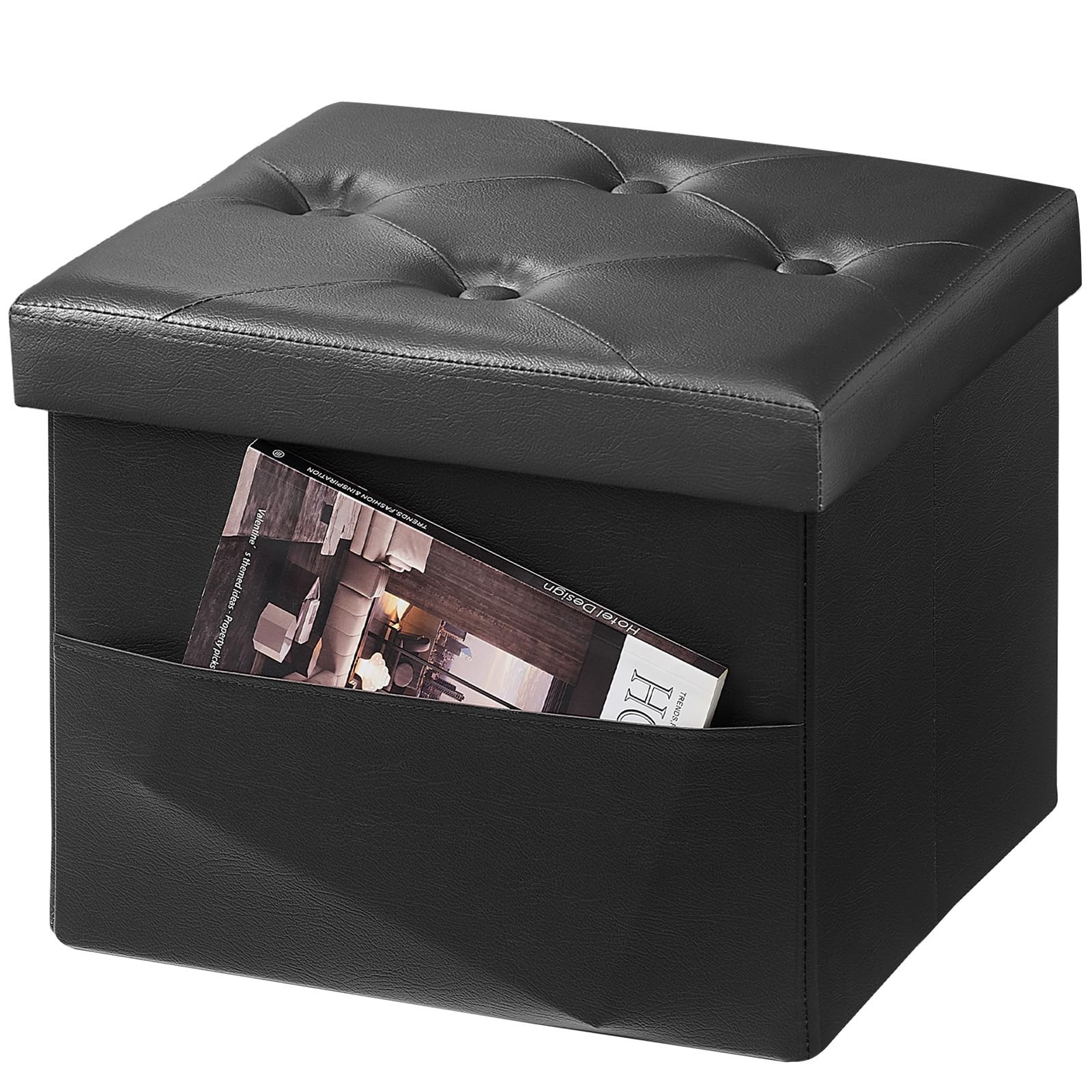 AmasSmile Storage Ottoman Folding Foot Rest Stool, Leather Footstool Bench, Short Ottoman Stool, Storage Foot Rest Store, Books (Side Pocket Black, 17" D x 13" W x 13" H)