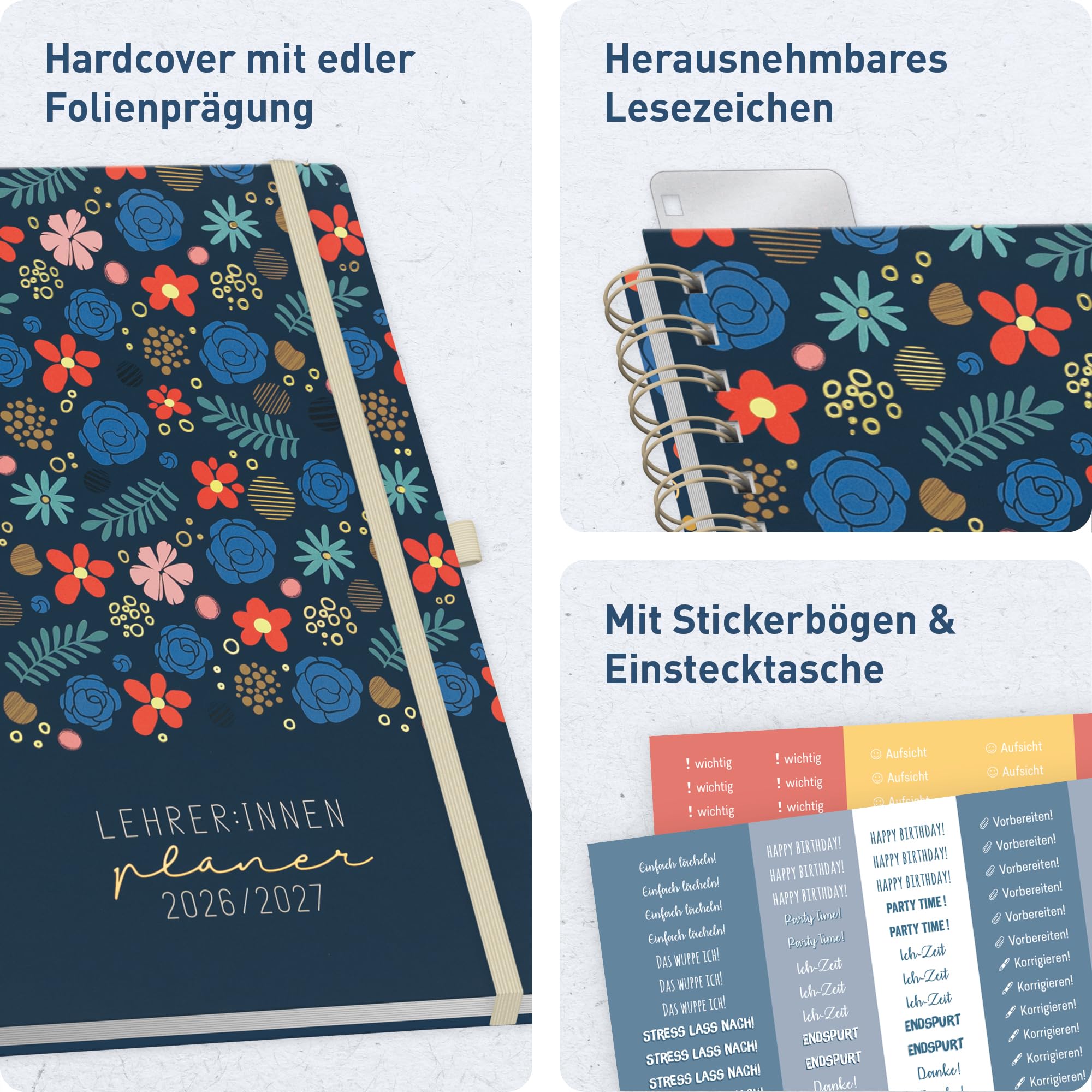Häfft® Lehrerplaner 2026/2027 A4+ Deluxe – Großer Lehrerkalender & Schulplaner 26/27 mit Hardcover & Spiralbindung "Flowers & Leaves" – Für Grundschule, weiterführende Schulen & Referendariat