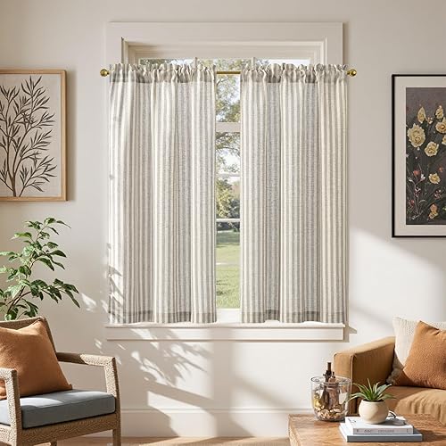 jinchan Cortinas de lino para cocina, a rayas, 45 pulgadas de largo, para sala de estar, baño y casa de campo, rústicas, con jareta para cortinero,