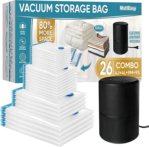 Miniatura 8 de MattEasy Bolsas de almacenamiento al vacío con bomba eléctrica, paquete de 14 (3 jumbo3 grande4 mediano4 pequeño), bolsas ahorradoras de espacio con