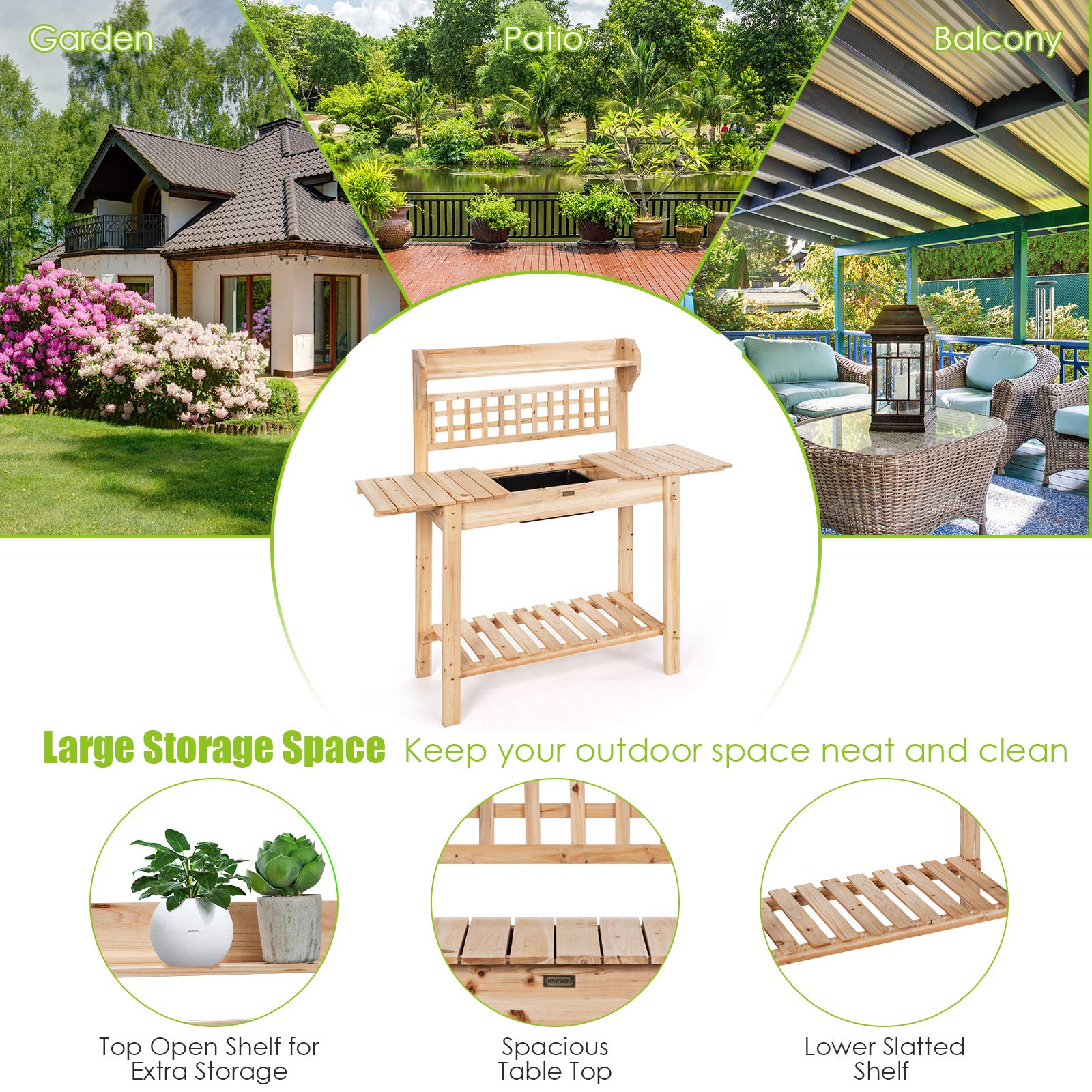 Giantex Garden Potting Bench, Outdoor Wood Work Table w/Sliding Tabletop, Planter Bench Work Station w/Removable Sink & Storage Shelves for Backyard Patio Balcony, Natural - Image 5