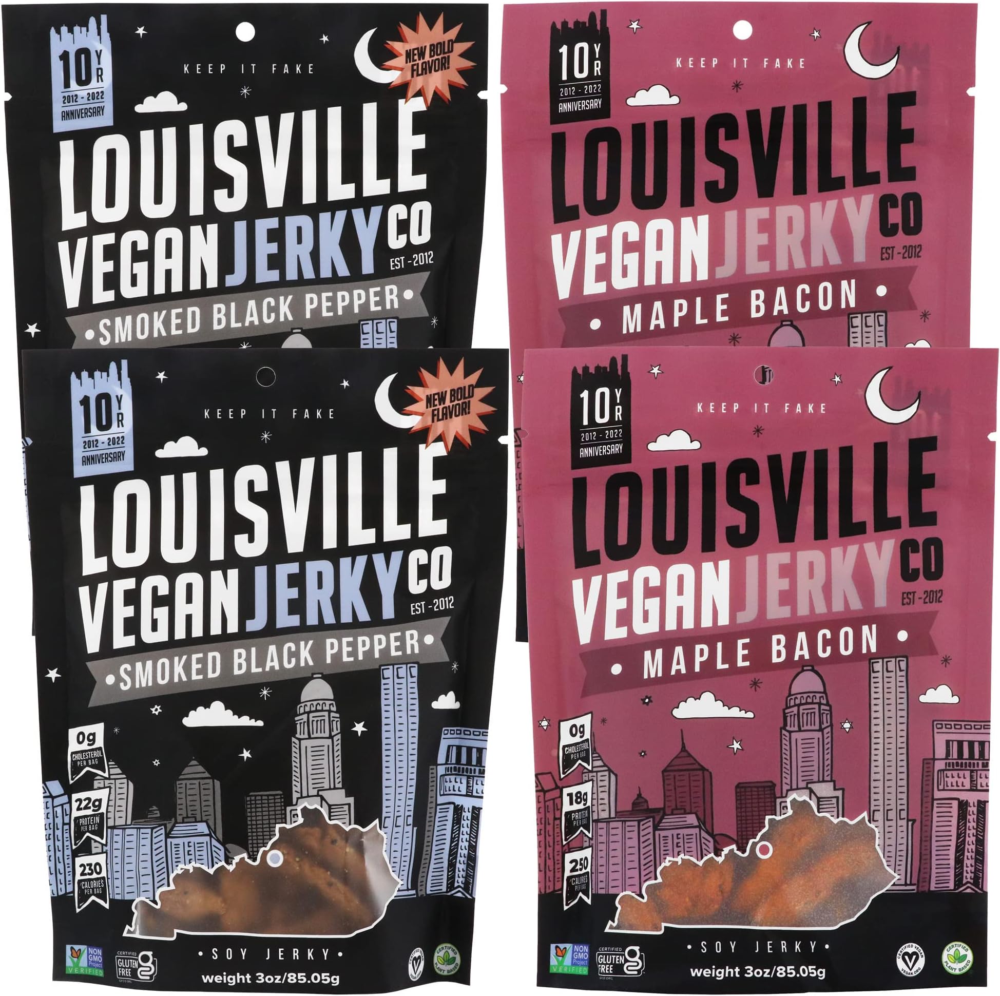 Louisville Vegan Jerky - Smoked Black Pepper & Maple Bacon Variety Pack, Vegetarian & Vegan-Friendly Jerky, 18-21 Grams of Non-GMO Soy Protein, Gluten-Free Ingredients (3 oz, 4-Pack, 2 of Each Flavor)