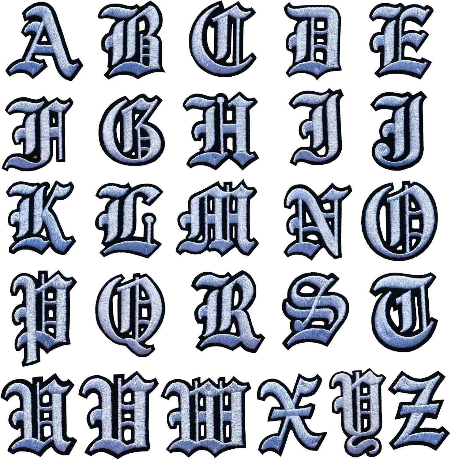 Parches de letras blancas góticas antiguas para planchar con letras A-Z de 2 pulgadas bordadas de transferencia de calorcoser en letras