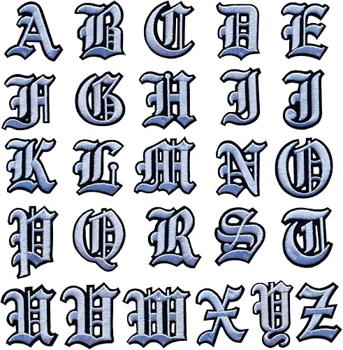 Parches de letras blancas góticas antiguas para planchar con letras A-Z de 2 pulgadas bordadas de transferencia de calorcoser en letras
