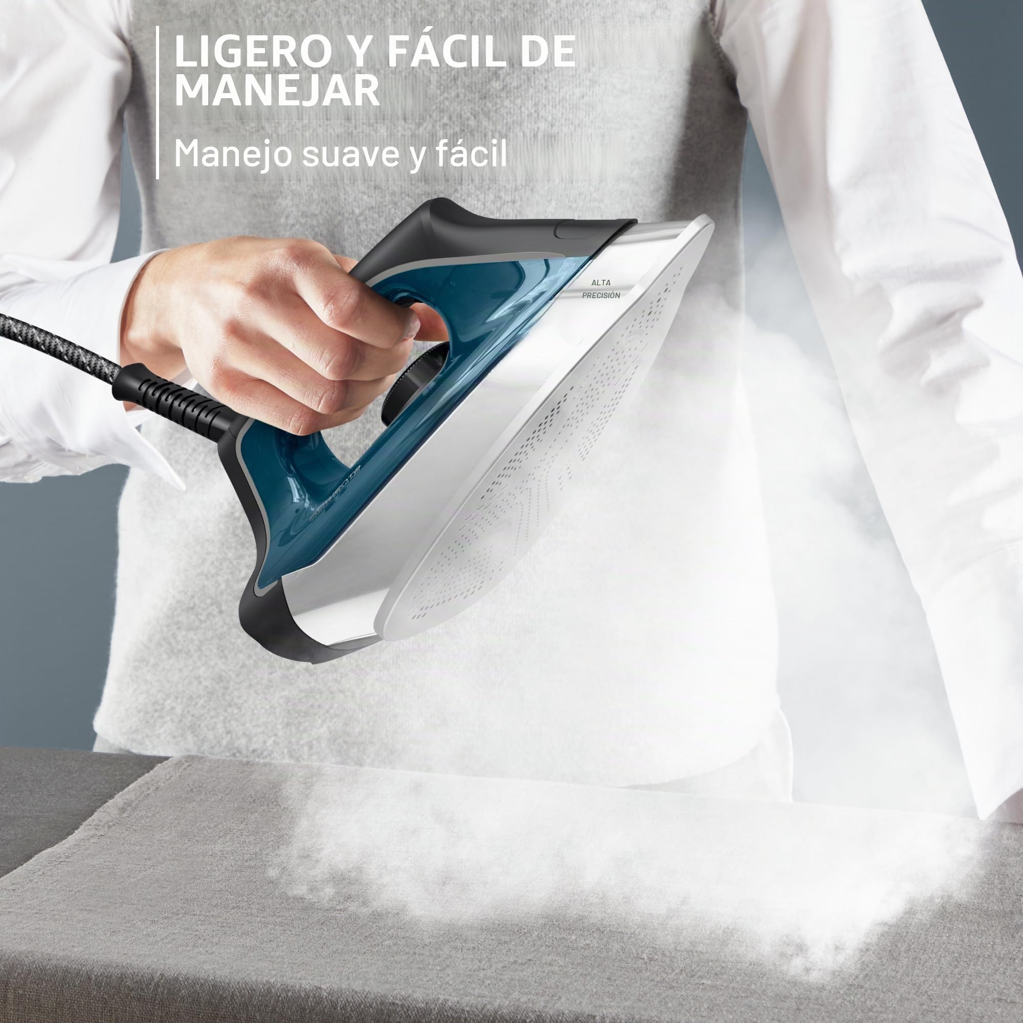 Rowenta, Plancha, base de acero inoxidable profesional para ropa, tanque extraíble de 1,1 L, calentamiento rápido, 1800 vatios, plancha azul para ropa, DG8624