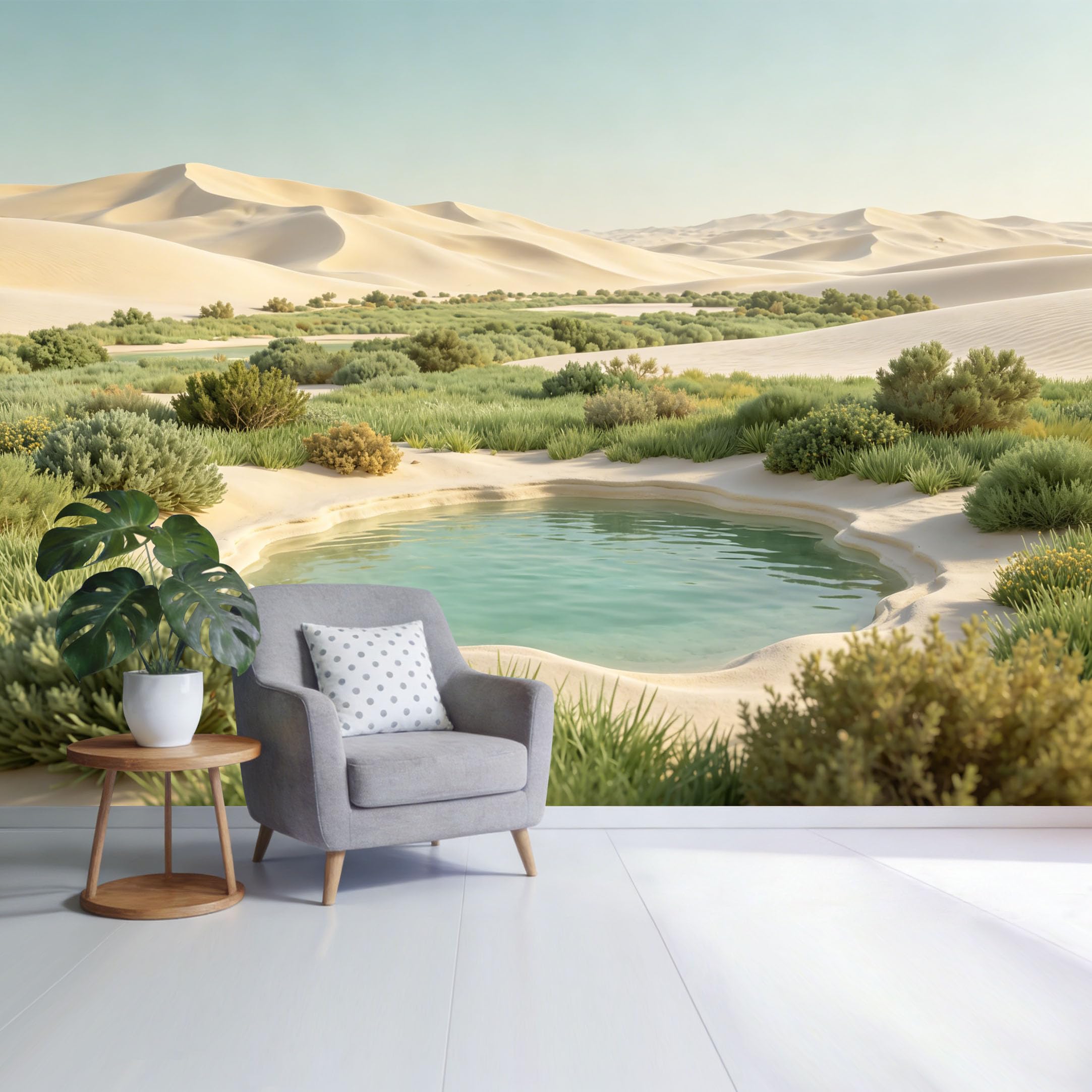 Custom Size Wall Mural Desert Oasis Landscape Sand Dunes Green Shrubs Blue Water Minimalist Nature View SelfAdhesive Wall Fabric Removable Wallpaper for Home Office Decor