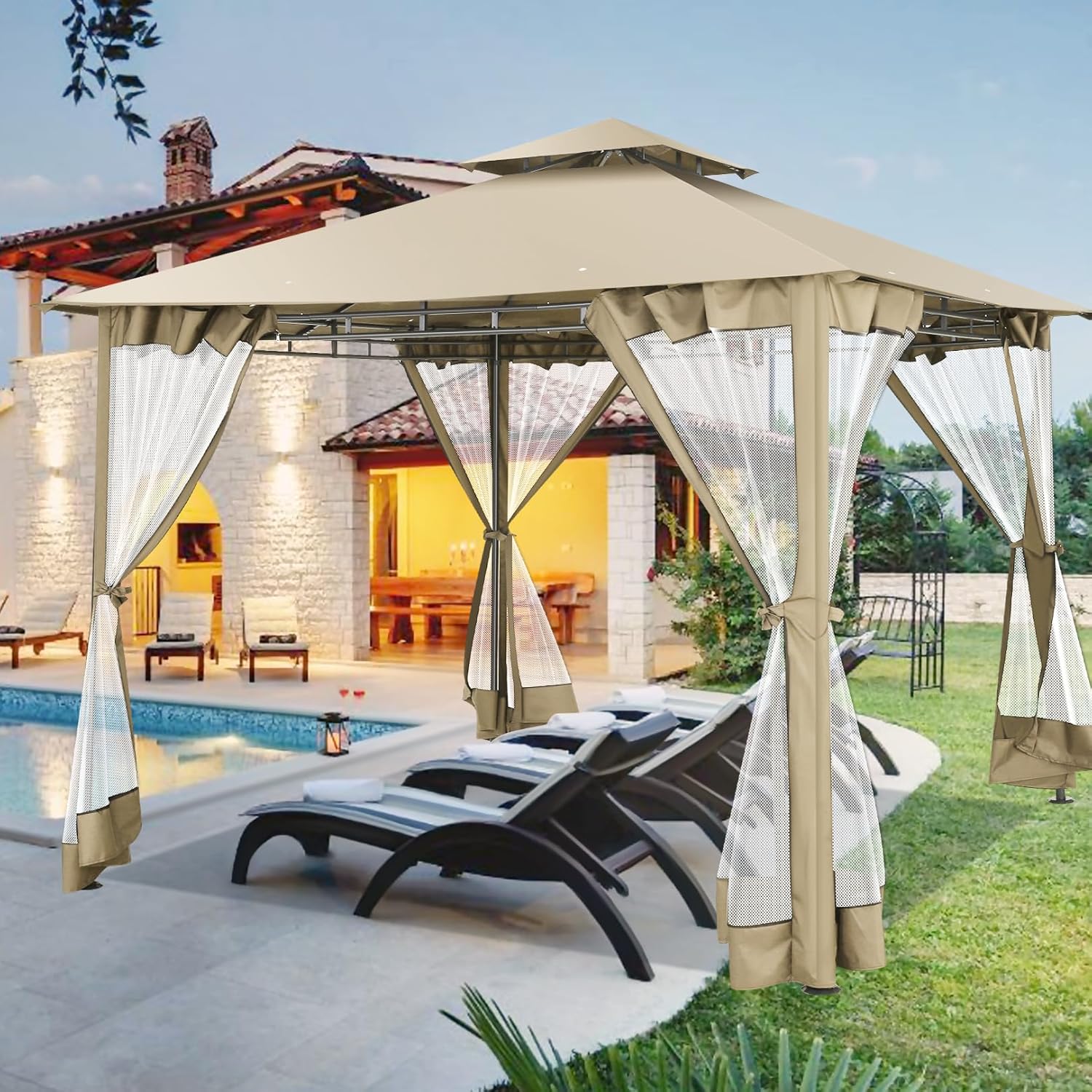 HOTEEL Outdoor Gazebo 10x10 Gazebos on Clearance with Netting, Waterproof Canopy Tent with Heavy Duty Party Tent Steel Frame, High Wind-Resistant Shelter for Backyard, Deck & Garden Windproof Khaki Khaki 10x10ft with Netting & Windproof
