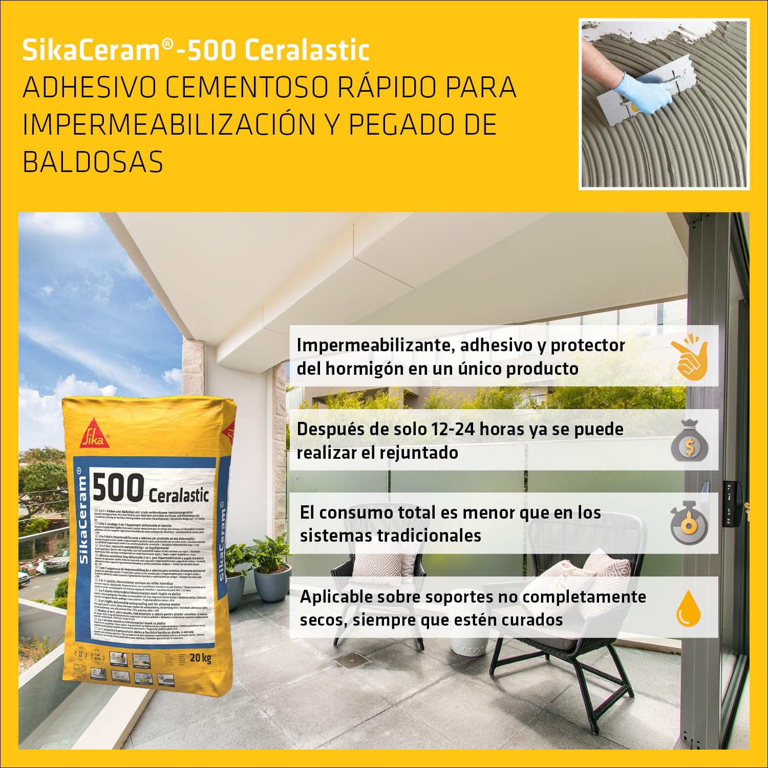 SIKA - Adhesivo cementoso rápido - SikaCeram 500 Ceralastic - Gris - 20kg