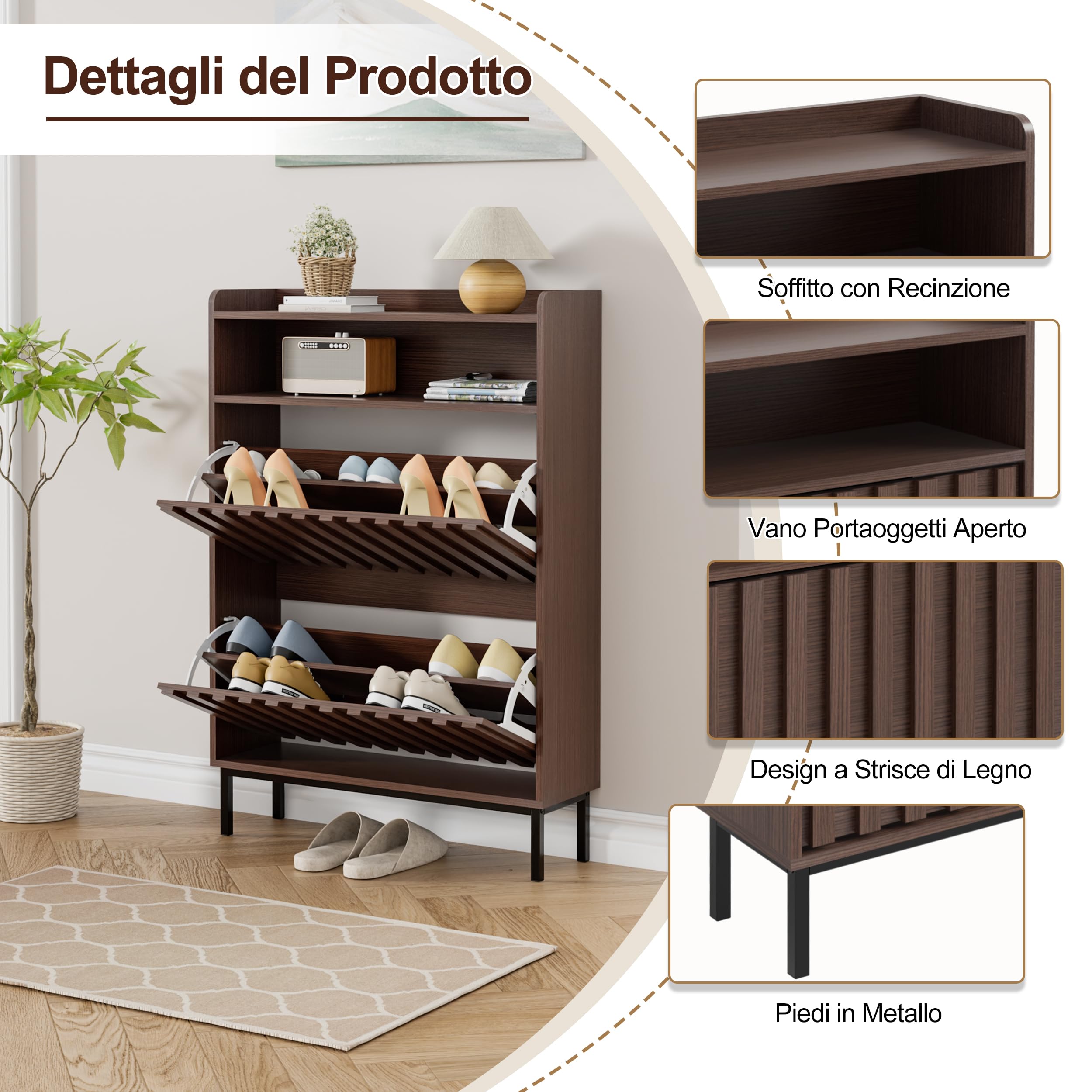 UEV Scarpiera Strette con 2 Ante, Scarpiera Ribaltabile per Ingresso, Mobiletto per Scarpe con Protezione Antiribaltamento, Ripiani Regolabili per Diversi Tipi di Scarpe, 80 x 24 x 117 cm, Noce