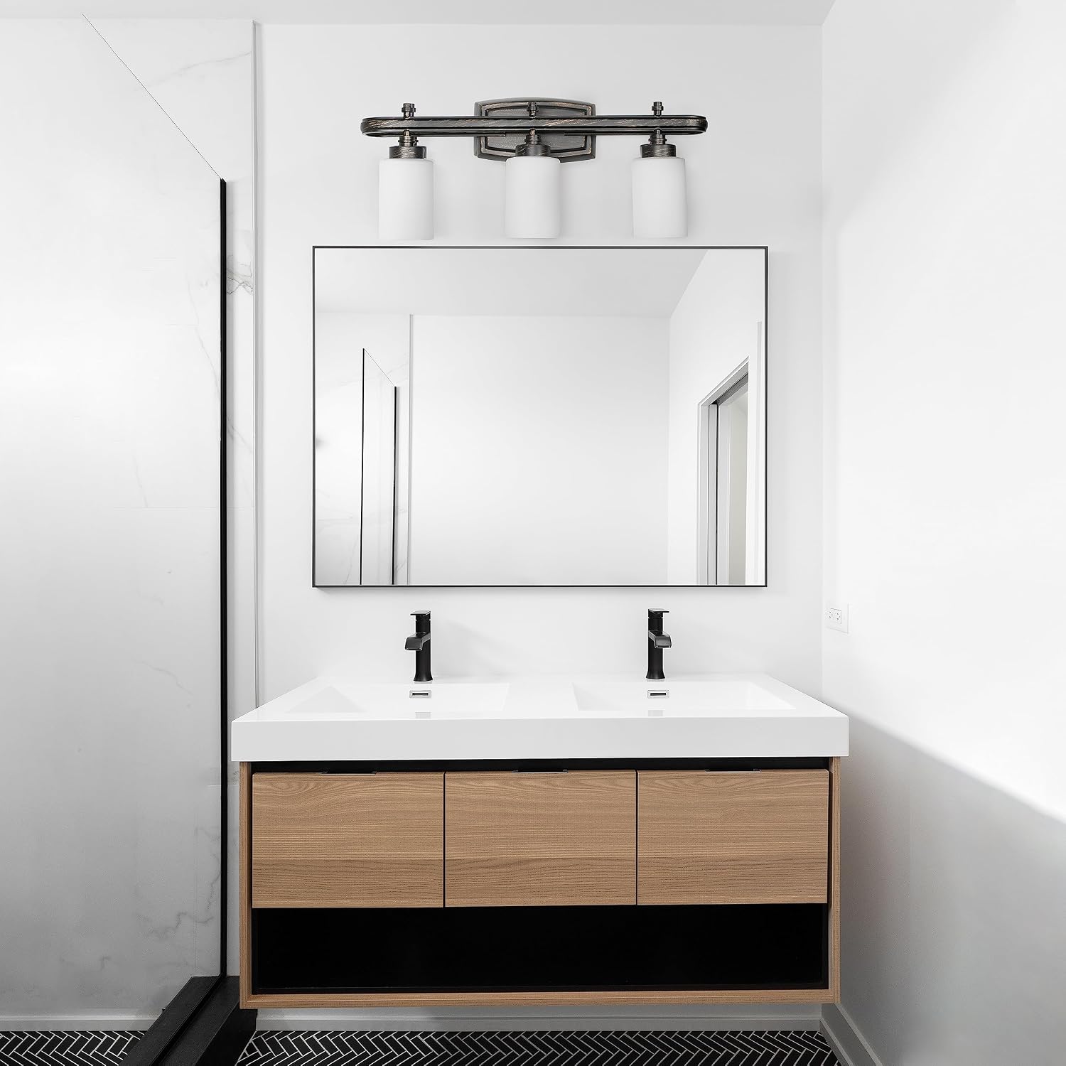 Simple Designs VT1026-ORB 23.5" Modern 3 Light Metal Oval Loop and Milk White Cylinder Shape Glass Shades with Rectangular Backplate Oil Rubbed Bronze