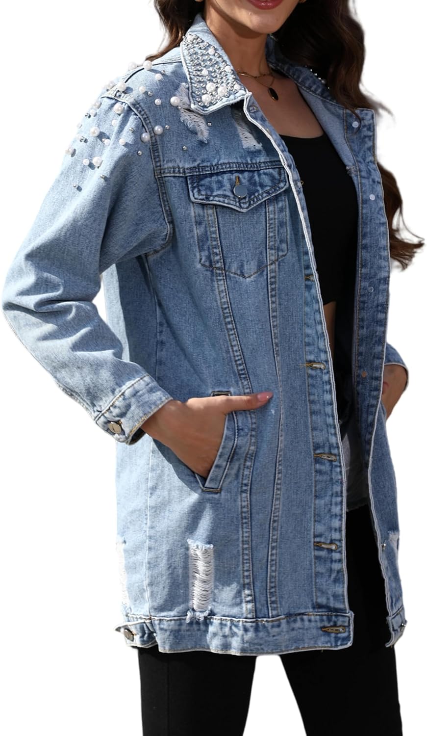 YPCT Women's Long Sleeve Button Down Pearl Jean Jacket Boyfriend Long Denim Coat