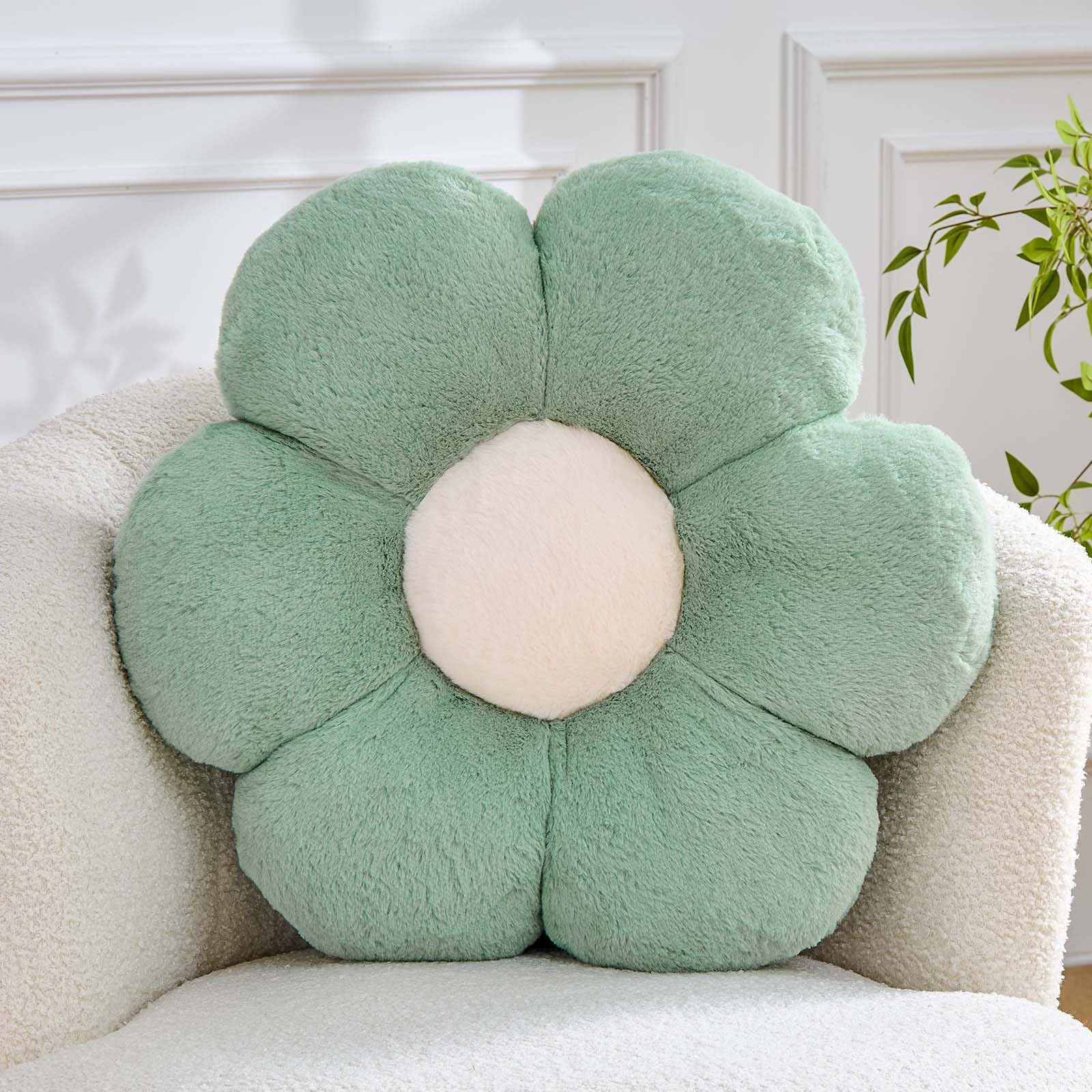 Kcvvcr Flower Pillow Cute Decorative Throw Pillow with Faux Rabbit Fur Soft Daisy Plush Floor Cushion Aesthetic Flower Shaped Pillow Home Decor for Bed Sofa Couch (Sage Green, 19.6 Inch)