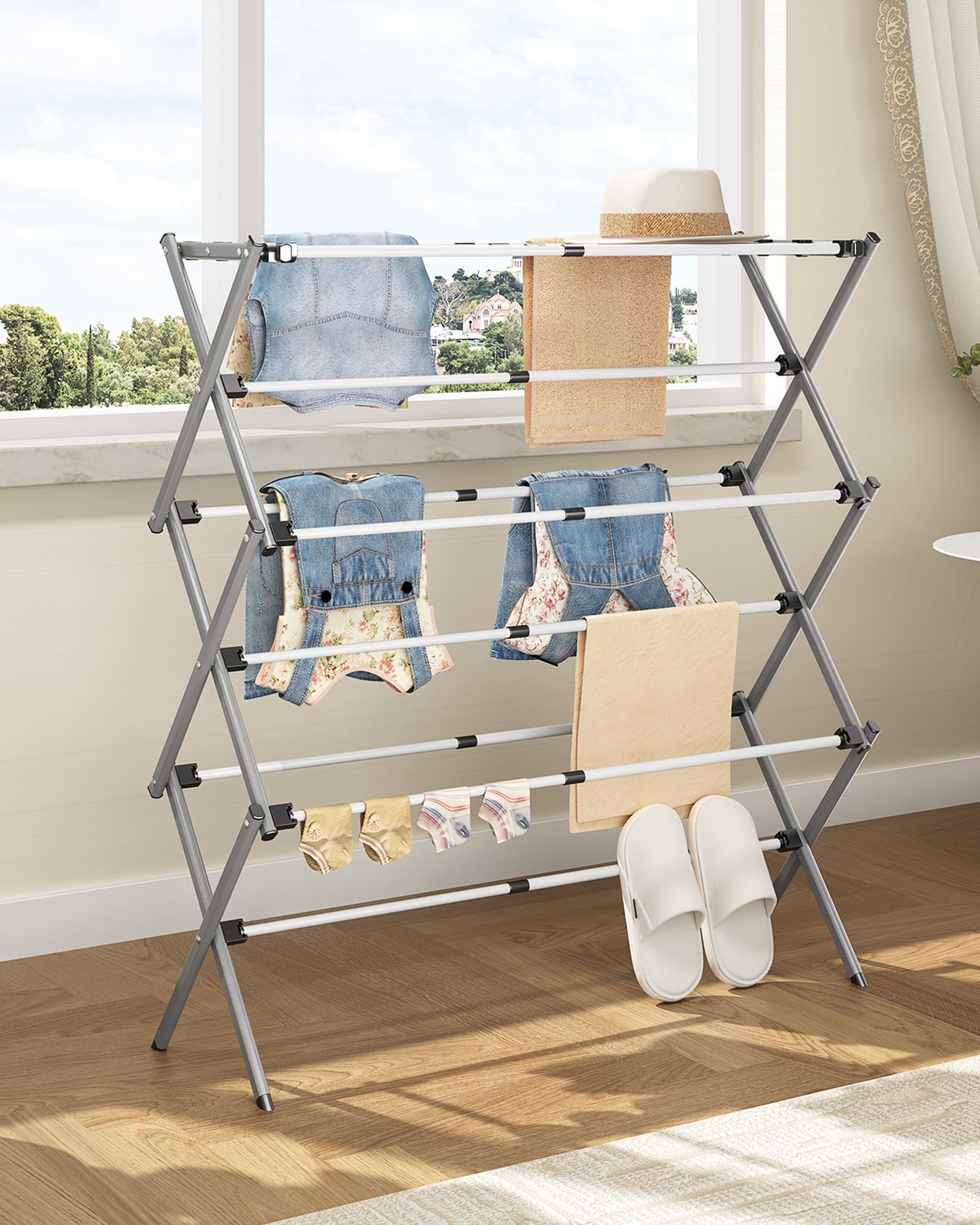 SYKIARIOL Stendibiancheria compatto, piccolo stendibiancheria pieghevole con 11 aste, mini stendibiancheria a 3 ripiani, per indumenti per bambini e biancheria leggera (grigio, 89 x 30 x 95,5 cm)