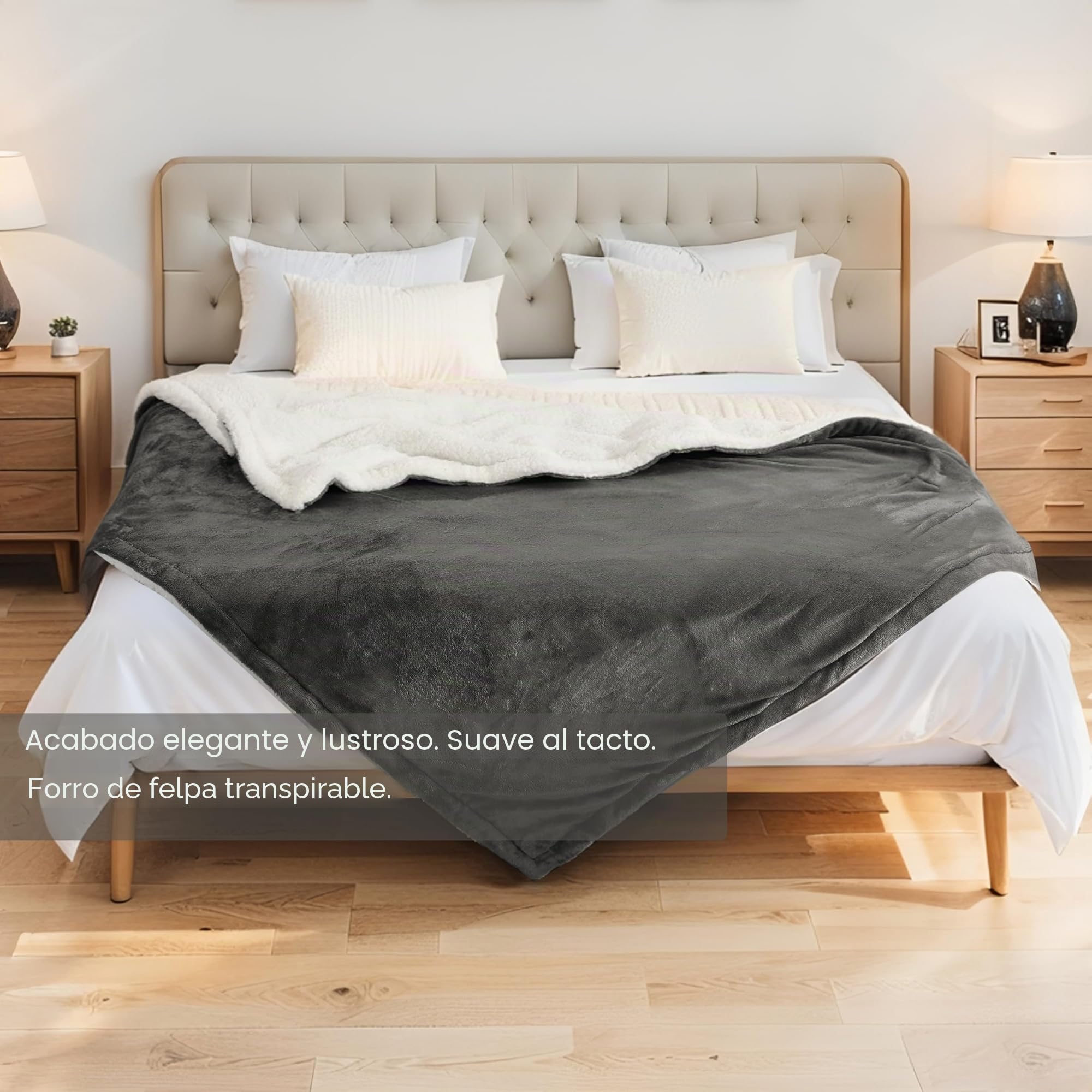 Manta térmica eléctrica130x160cm, 9 niveles de calor y temporizador de 9 horas, franela de algodón, protección contra sobrecalentamiento, lavable a máquina, apta para cama, sofá, gris hierro