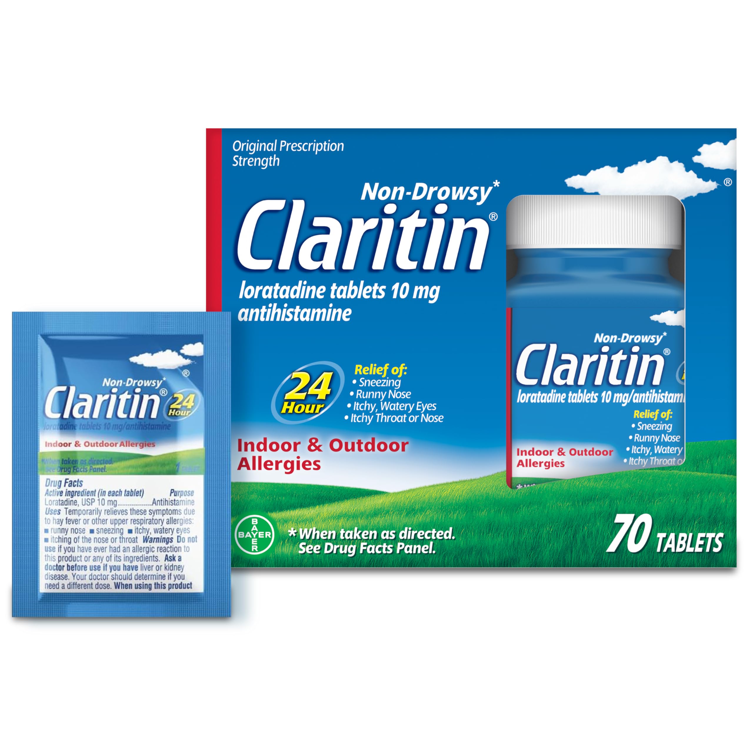 Claritin Allergy Medicine for Adults, 24-Hour Non-Drowsy Loratadine 10mg Pills, Antihistamine, 70 Tablets + 1ct On-The-Go Relief