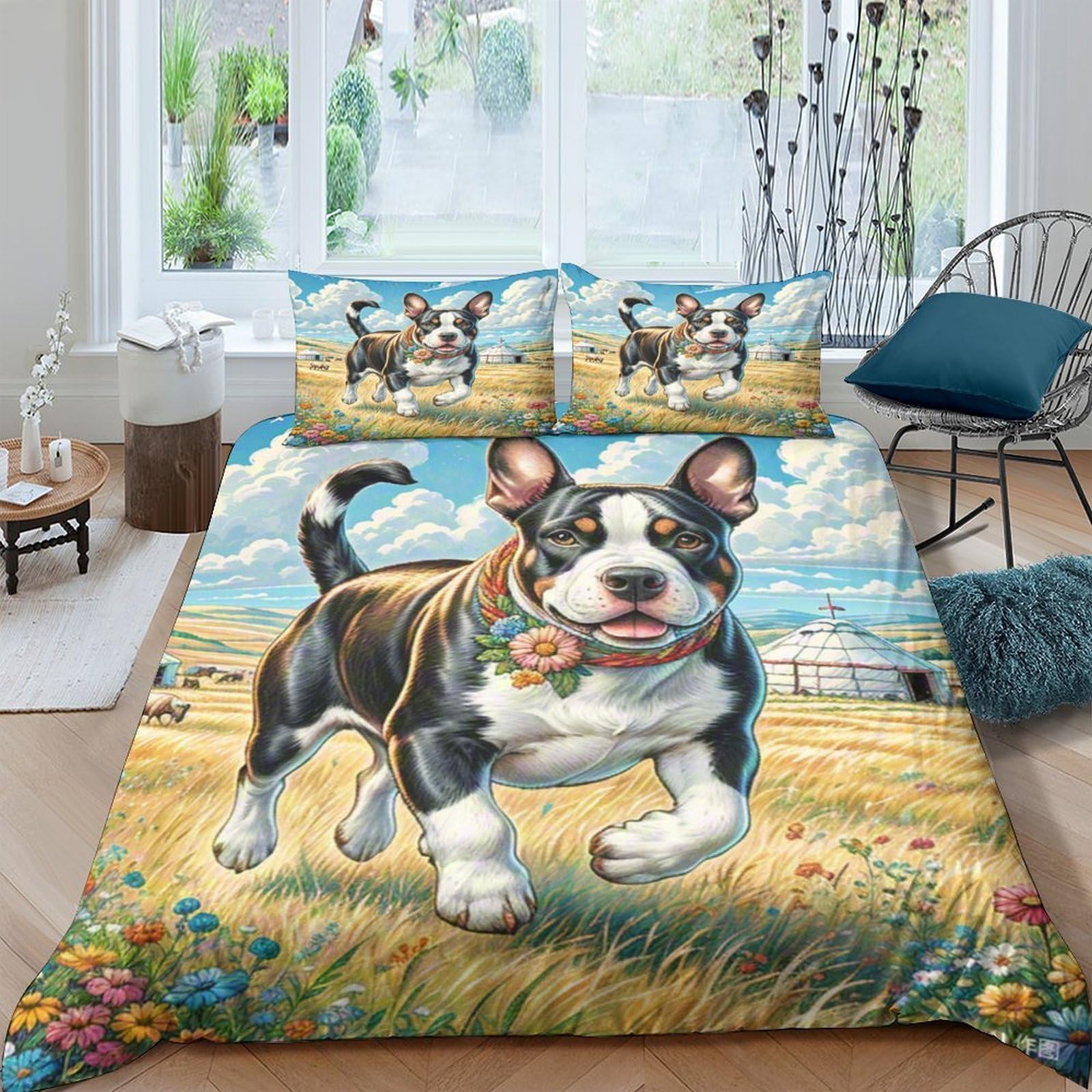 Housse de couette 3D bouledogue terrier pour lit double d'enfants et ados